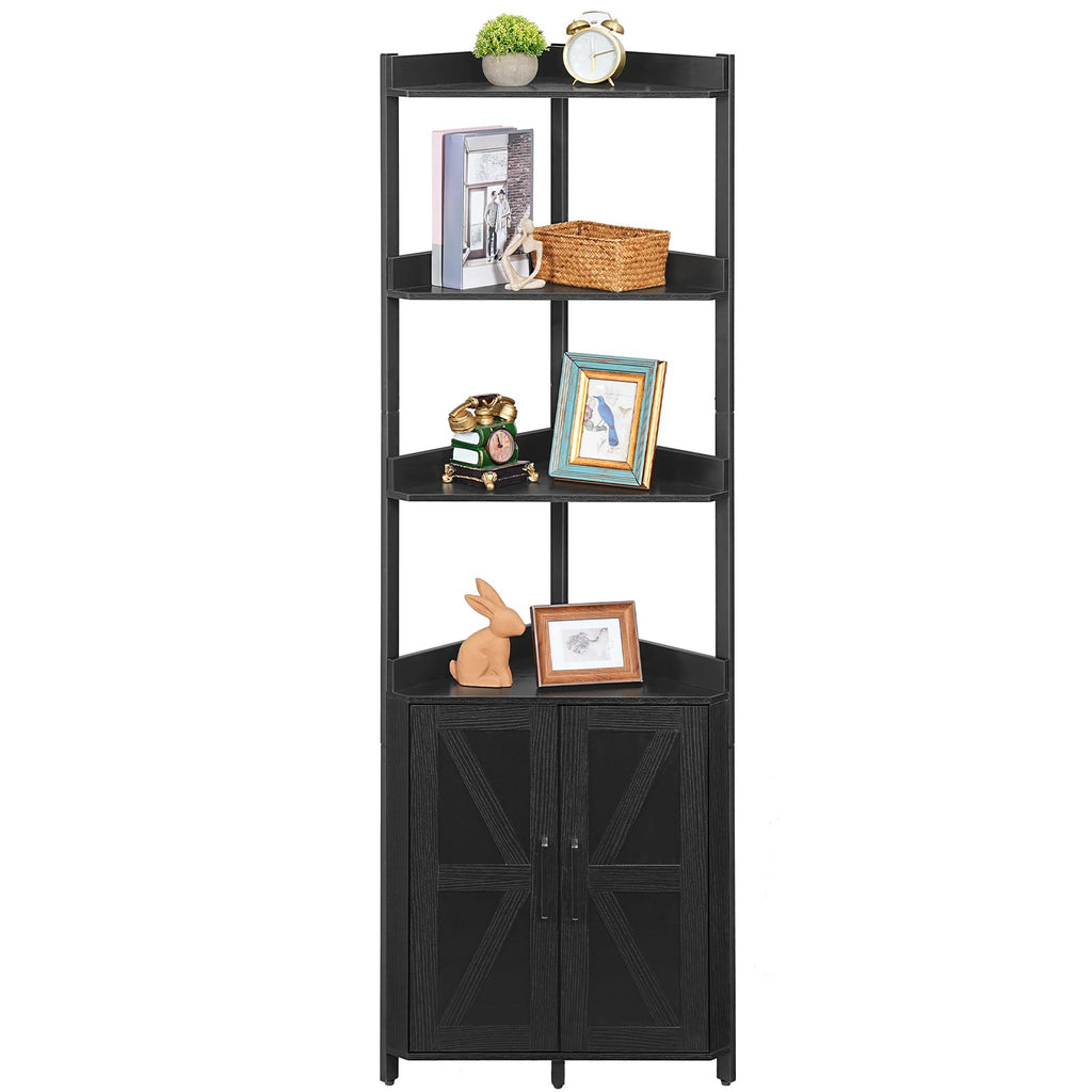 HOOBRO Corner Shelf with Storage, Tall Corner Cabinet, 5-Tier Bookshelf Stand, Storage Cabinet with Protective Fence, for Living Room, Rustic Brown and Black BF78CJ01