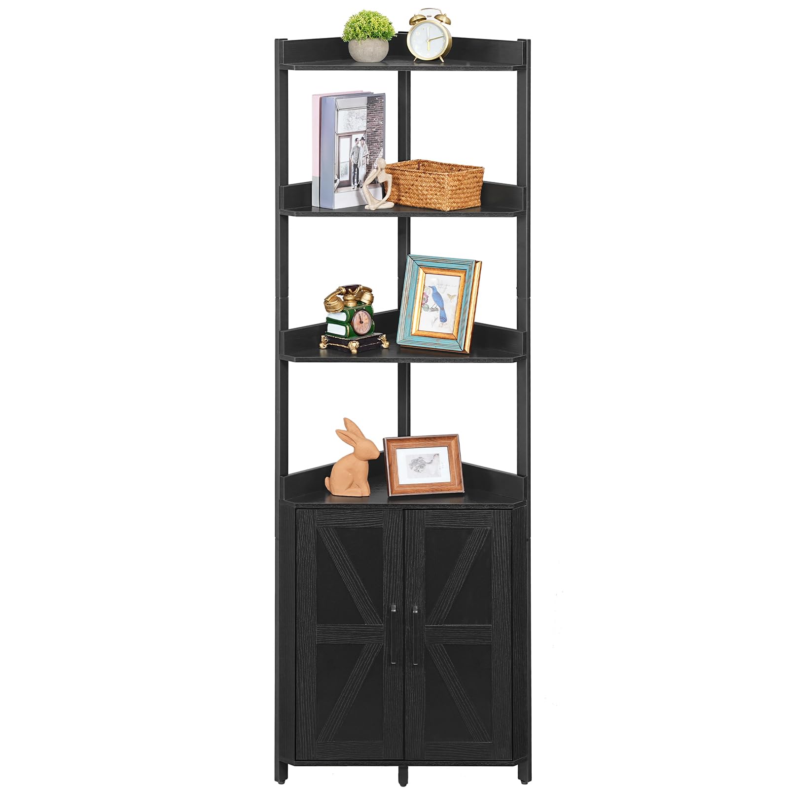 HOOBRO Corner Shelf with Storage, Tall Corner Cabinet, 5-Tier Bookshelf Stand, Storage Cabinet with Protective Fence, for Living Room, Rustic Brown and Black BF78CJ01