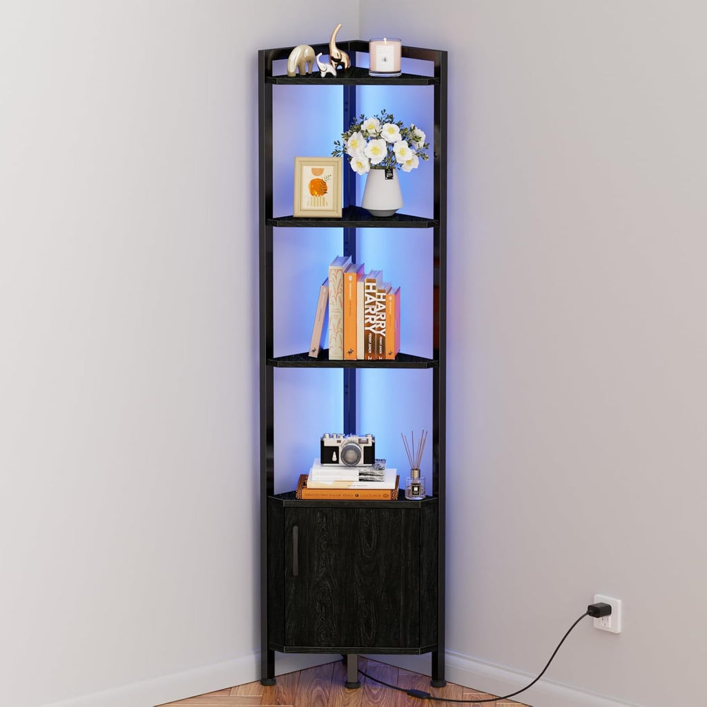 Furnulem Corner Shelf,5-Tier Corner Cabinet with Storage and LED Light, 62.8” Standing Display Bookshelf for Bedroom, Living Room, Kitchen, Wood Display Shelf (Black Oak) | with Storage