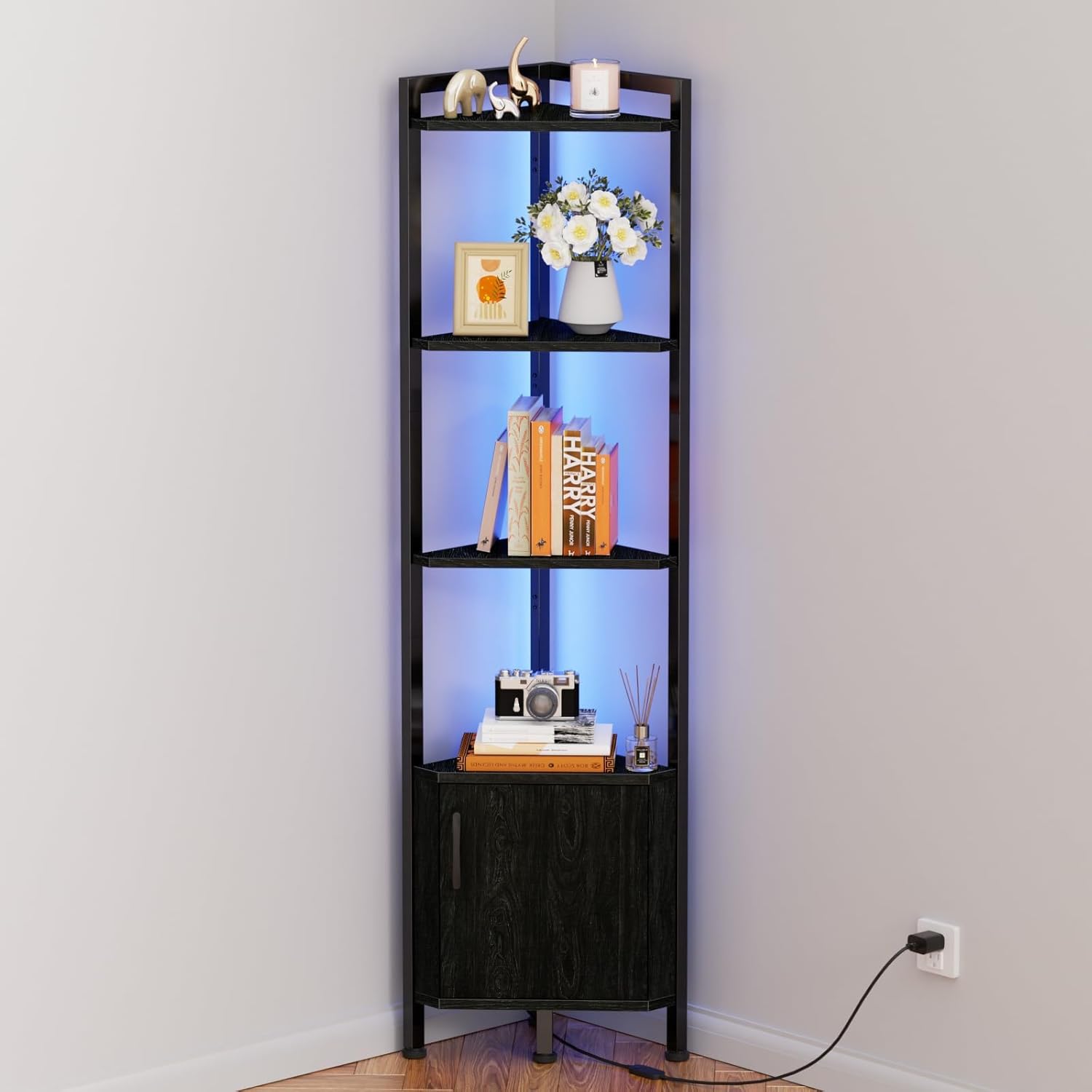Furnulem Corner Shelf,5-Tier Corner Cabinet with Storage and LED Light, 62.8” Standing Display Bookshelf for Bedroom, Living Room, Kitchen, Wood Display Shelf (Black Oak) | with Storage