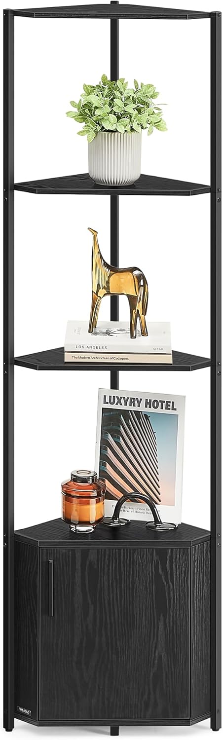 VASAGLE Corner Shelf with Storage, 5-Tier Corner Storage Cabinet, for Living Room, Bedroom, Kitchen, Bathroom, Ebony Black and Ink Black ULBC580B01