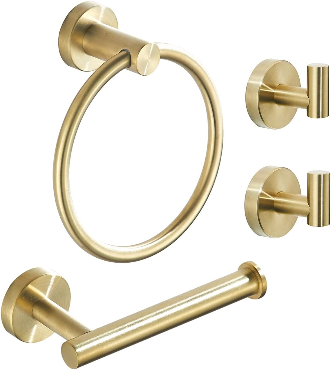 Gold Bathroom Hardware Set, Brushed Gold Toilet Paper Holder Towel Ring and 2 Robe Hook Bathroom Accessories Hand Towel Holder Kit Wall Mount Stainless Steel, 4 Pieces