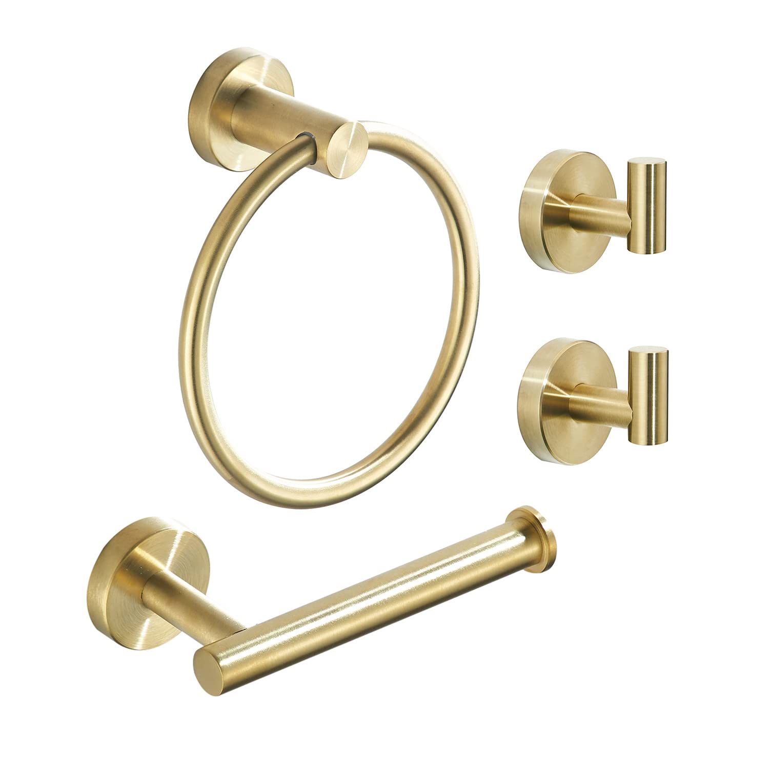 Gold Bathroom Hardware Set, Brushed Gold Toilet Paper Holder Towel Ring and 2 Robe Hook Bathroom Accessories Hand Towel Holder Kit Wall Mount Stainless Steel, 4 Pieces
