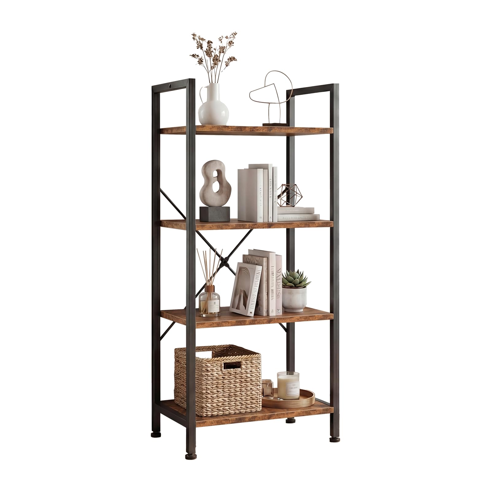 DUMOS 65 inch L Shaped Bookshelf, 5 Tier Corner Bookcase with Hooks and Edge, Industrial Pantry Shelves with Metal Frame, Wooden Open Storage for Living Room, Home Office, Bedroom, Rustic Brown