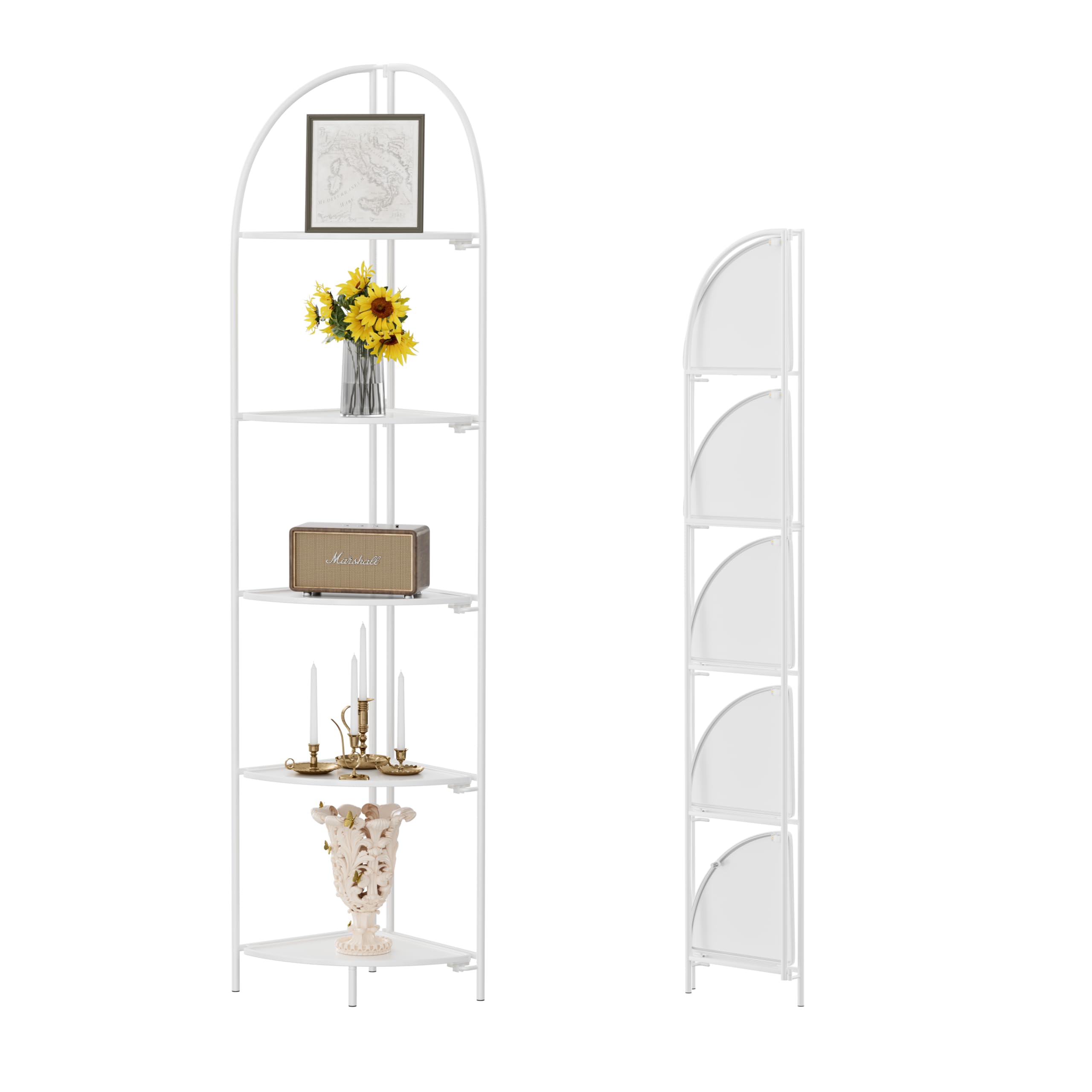 Crofy Foldable 3 Tier Corner Shelf, Metal Corner Plant Stand with White Frame and Transparent Shelves, Corner Display Rack Multipurpose Shelving Unit for Living Room, Bedroom, Bathroom