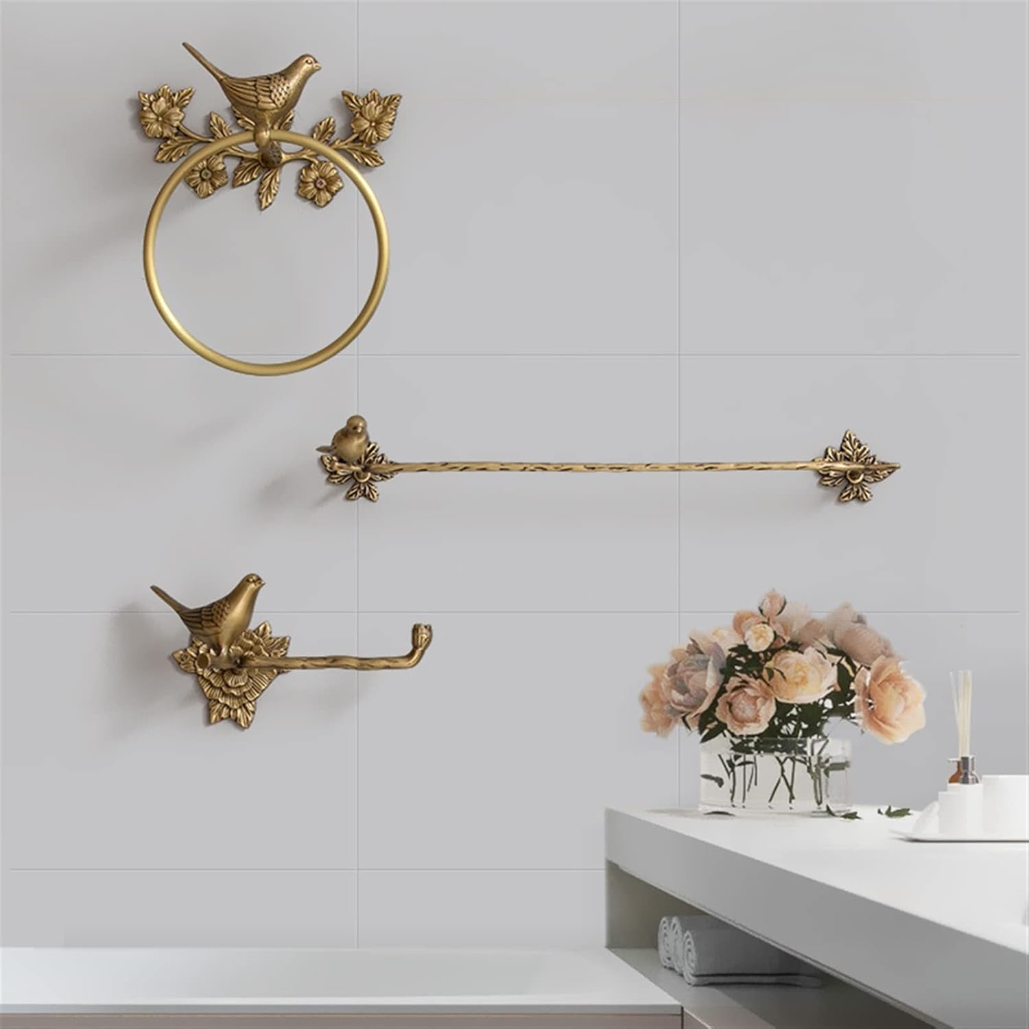Towel Rings Brass 1-piece Bath Towel Set, Bird Towel Ring, Carved Toilet Paper Holder, Creative Towel Bar, 18 Inch Bathroom Accessories