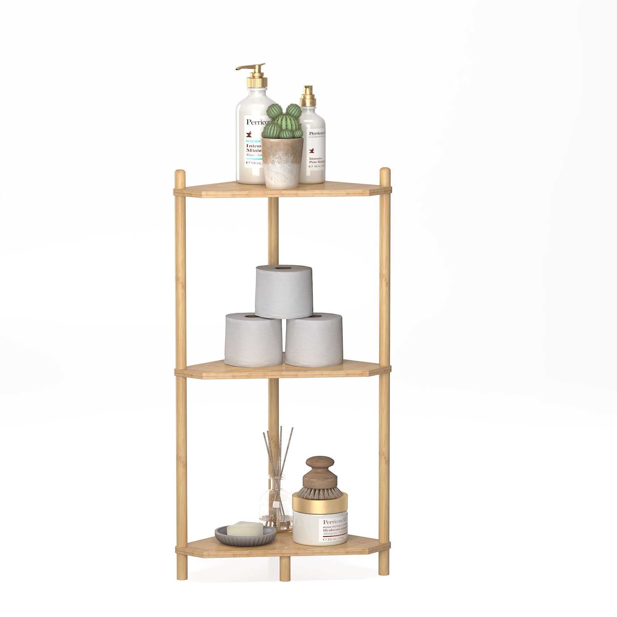 Wisuce Corner Shelf Stand - 5 Tier Natural Bamboo Small Corner Bookshelf for Office Kitchen Bedroom Plant Stand Living Room Decor Small Space