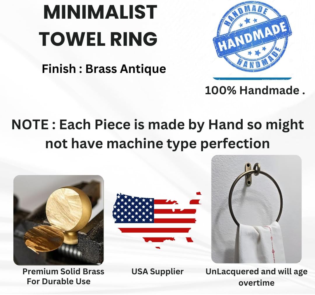 Handmade Antique Brass Minimalist Round Towel Ring for Bathroom & Kitchen