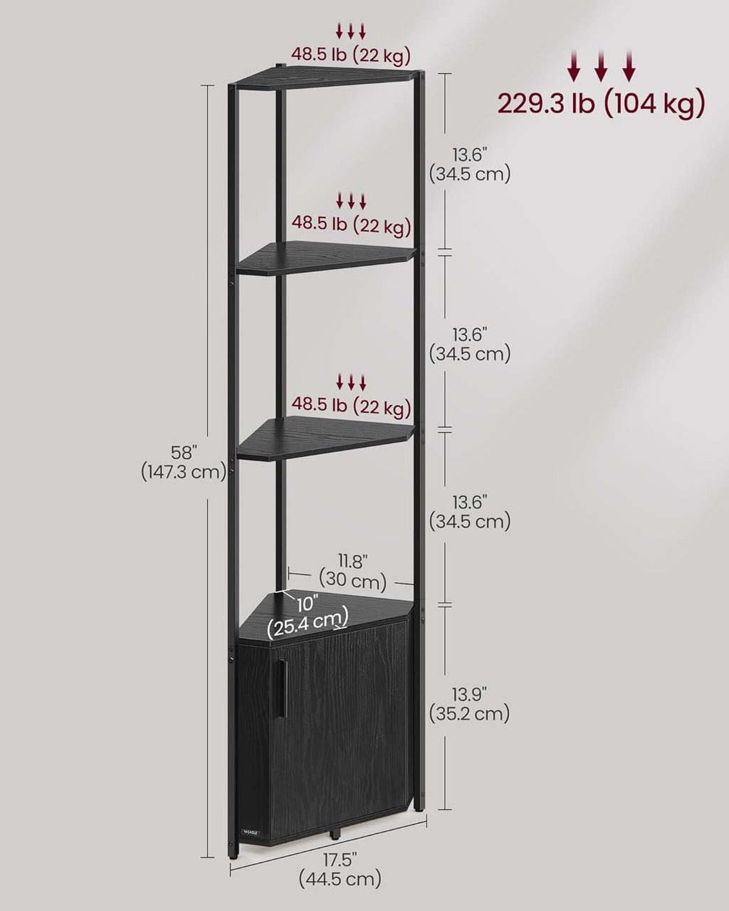 VASAGLE Corner Shelf with Storage, 5-Tier Corner Storage Cabinet, for Living Room, Bedroom, Kitchen, Bathroom, Ebony Black and Ink Black ULBC580B01
