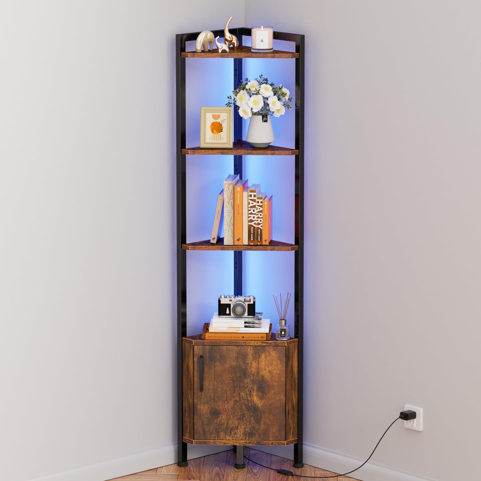 Furnulem Corner Shelf,5-Tier Corner Cabinet with Storage and LED Light, 62.8” Standing Display Bookshelf for Bedroom, Living Room, Kitchen, Wood Display Shelf (Black Oak) | with Storage