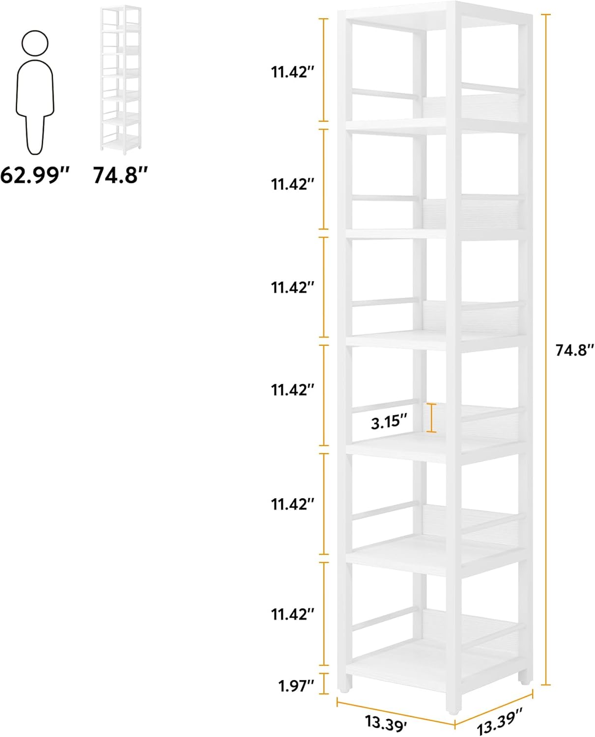 Tribesigns 6-Tier Corner Shelf, 75 Inch Tall Narrow Bookshelf Storage Rack, Etagere Shelves Display Stand for Small Spaces, Rustic Open Bookcase Square Shelf Tower for Living Room Bathroom