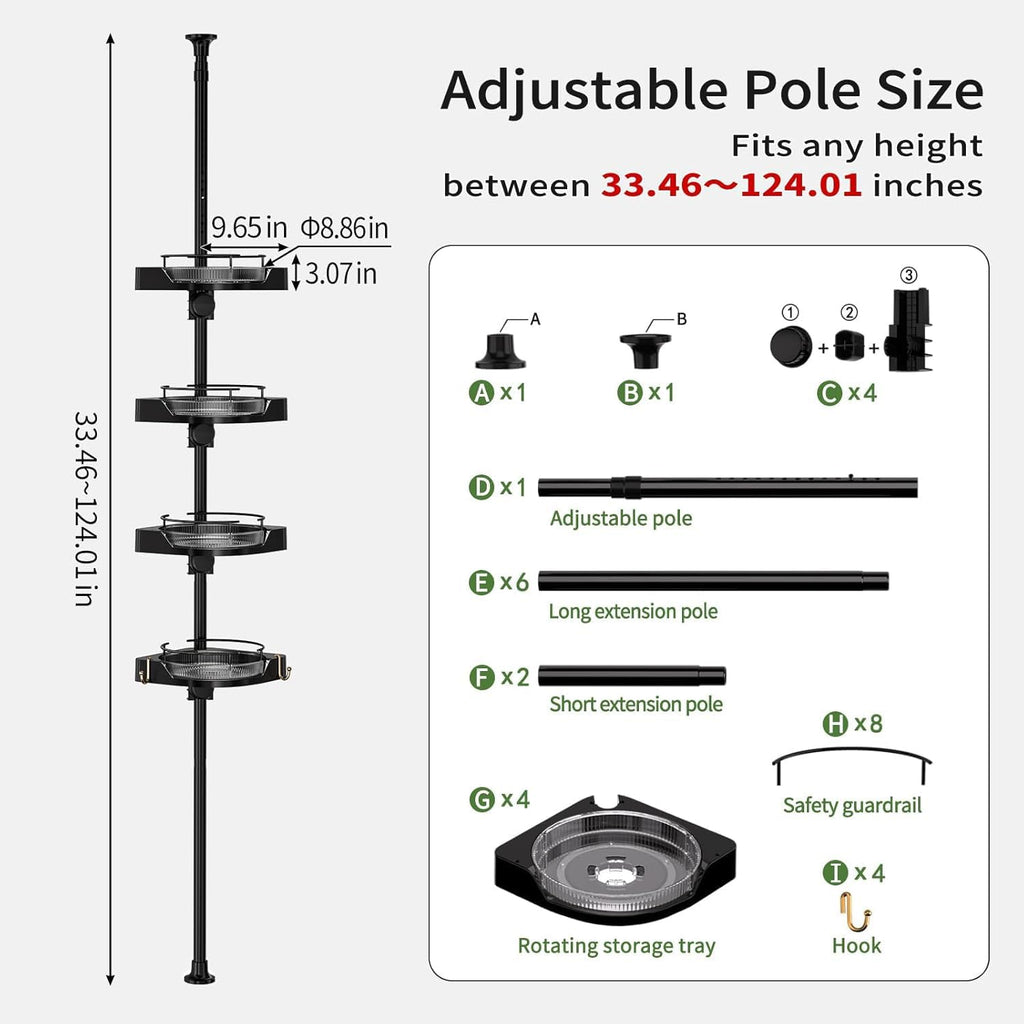 shuang qing 360° Rotating Corner Shower Caddy Tension Pole Organizer - 4-Tier Adjustable Rustproof Metal Pole, Plastic Shelves with Safety Guardrail, Bathroom Storage for Shower & Bathtub(Black)