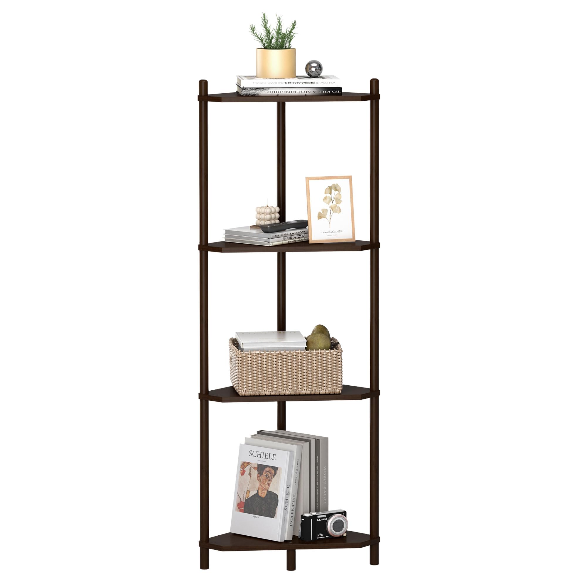 Wisuce Corner Shelf Stand - 5 Tier Natural Bamboo Small Corner Bookshelf for Office Kitchen Bedroom Plant Stand Living Room Decor Small Space