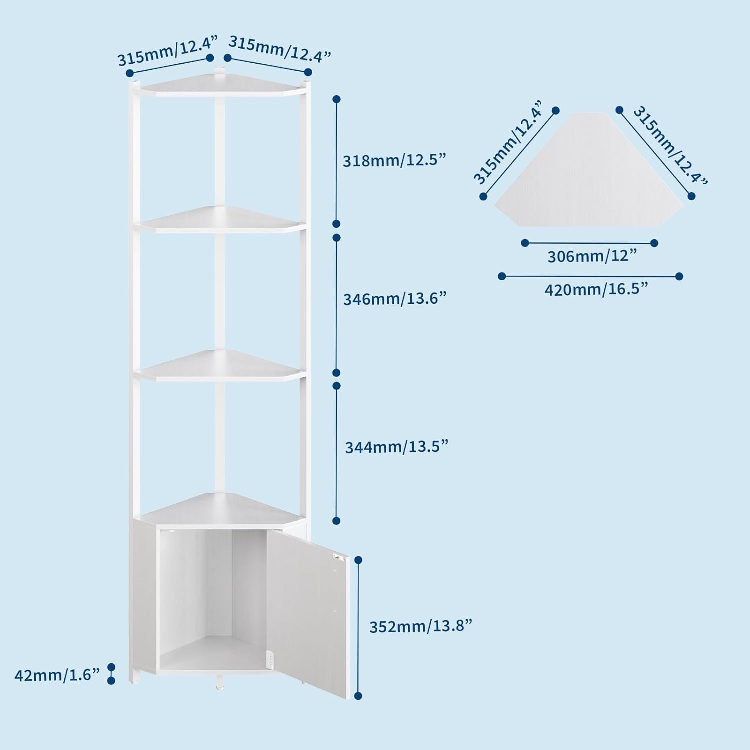 5-Tier Corner Shelf Stand, 58”Tall Metal Frame Narrow Bookshelf with Storage Rack, Easy Assembly Display Shelf for Wall Corner, Bedroom, Living Room, White