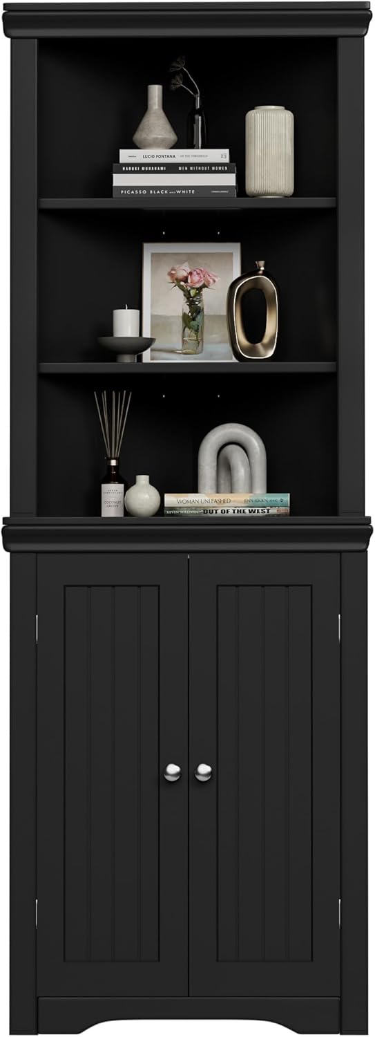 Flamaker Corner Cabinet, Freestanding Corner Shelf with 2 Doors and 3 Shelves, Bathroom Corner Storage Cabinet for Bathroom, Living Room, Bedroom or Kitchen (Black)