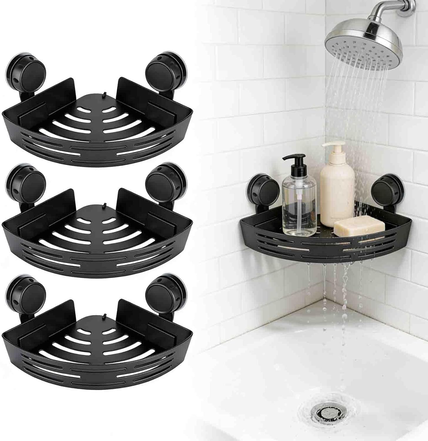 Triangle Shower Caddy Suction Cup, No Drill Bathroom Corner Shelf, Shower Corner Storage Organizer for Towels & Bathroom Essentials