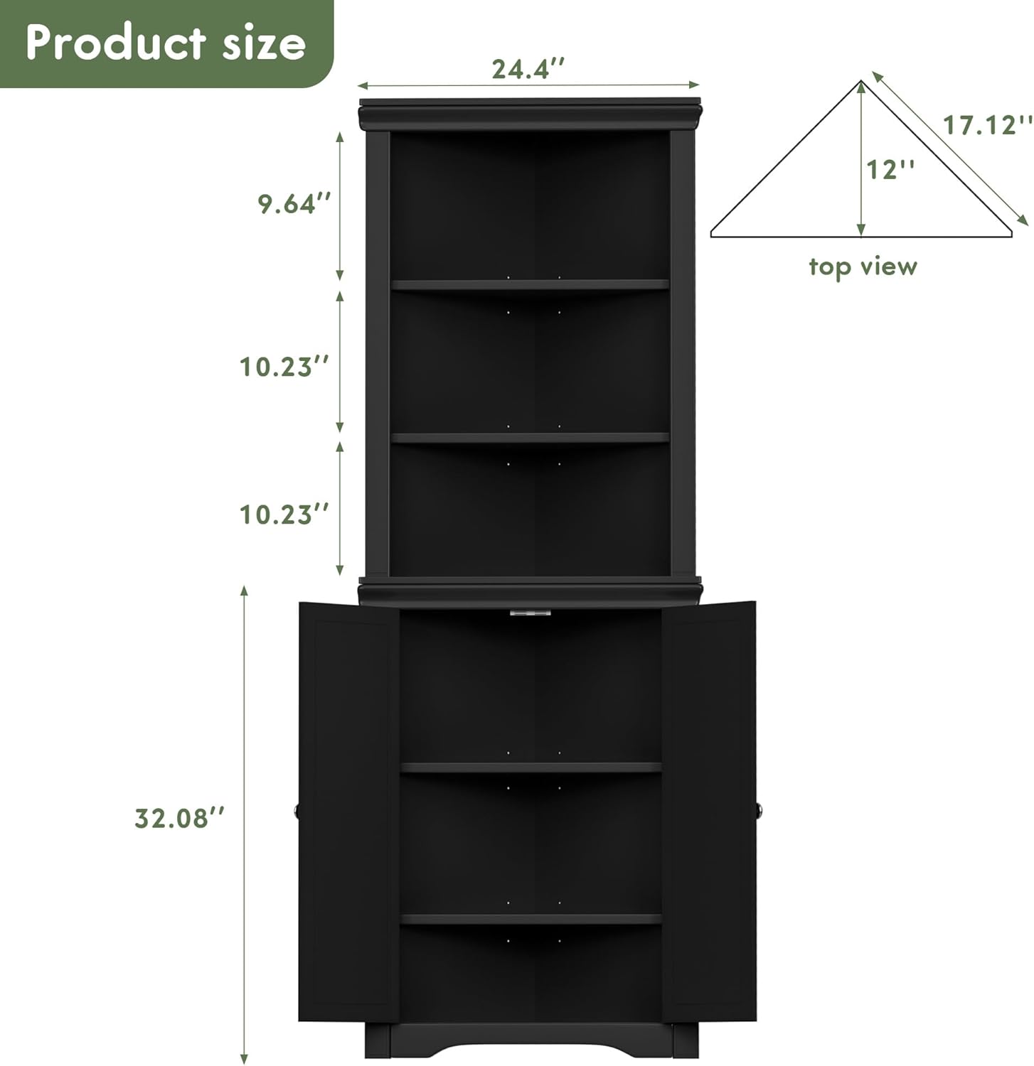 Flamaker Corner Cabinet, Freestanding Corner Shelf with 2 Doors and 3 Shelves, Bathroom Corner Storage Cabinet for Bathroom, Living Room, Bedroom or Kitchen (Black)