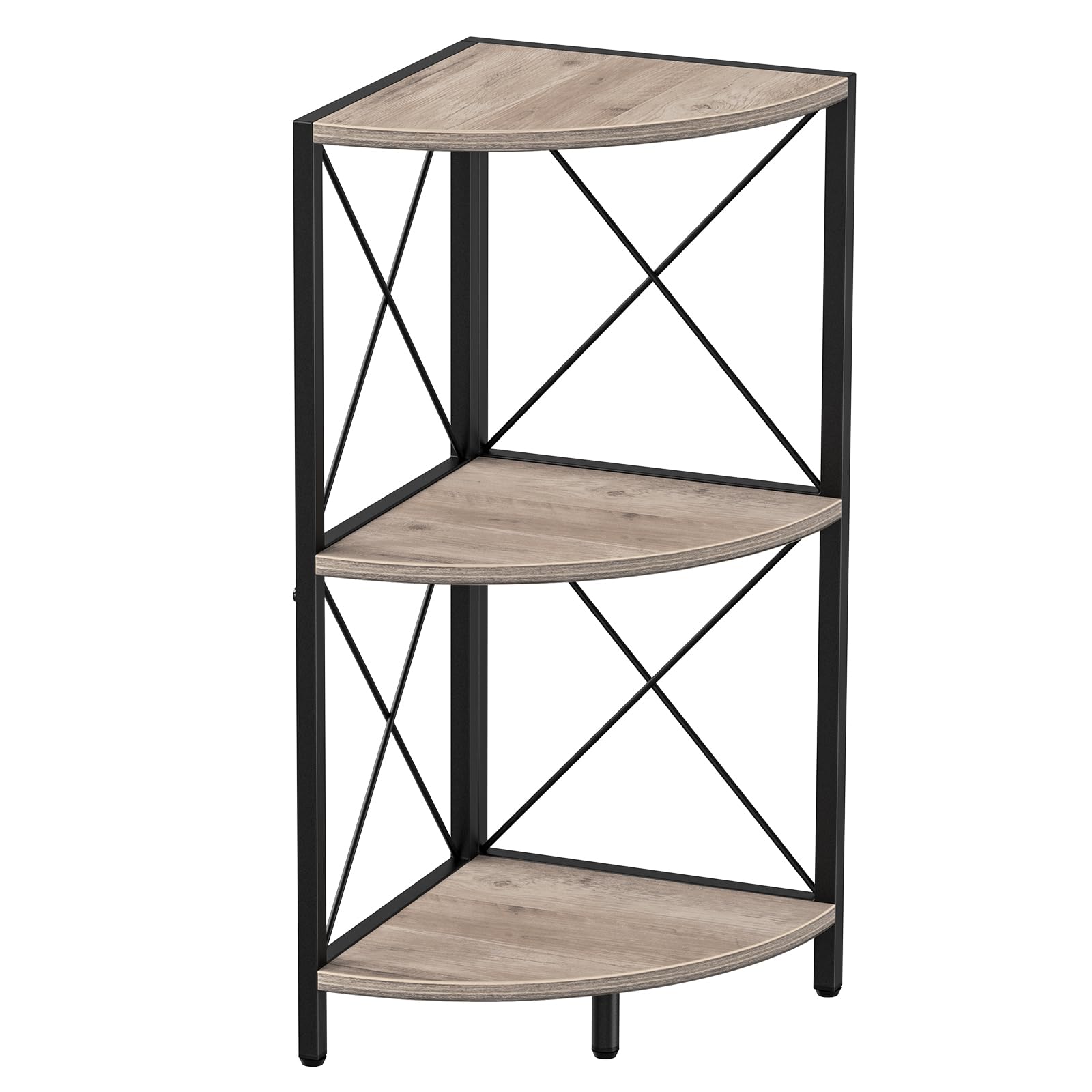 Snughome Corner Shelf with Metal Frame, 3 Tier Rustic Corner Storage Organizer, Freestanding Corner Bookshelf Stand Display Rack for Kitchen, Living Room