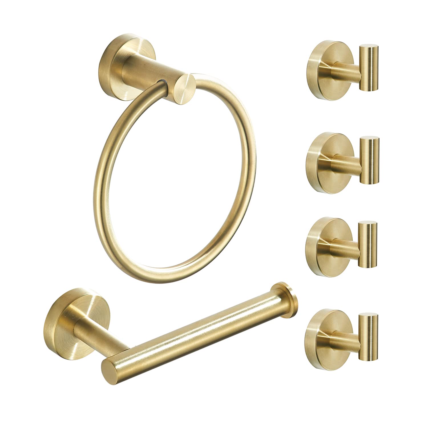 Brushed Gold Bathroom Hardware Set, Gold Toilet Paper Holder Towel Ring and 4 Robe Hooks Hand Towel Holder Bathroom Accessories Kit Wall Mount Stainless Steel, 6 Pieces
