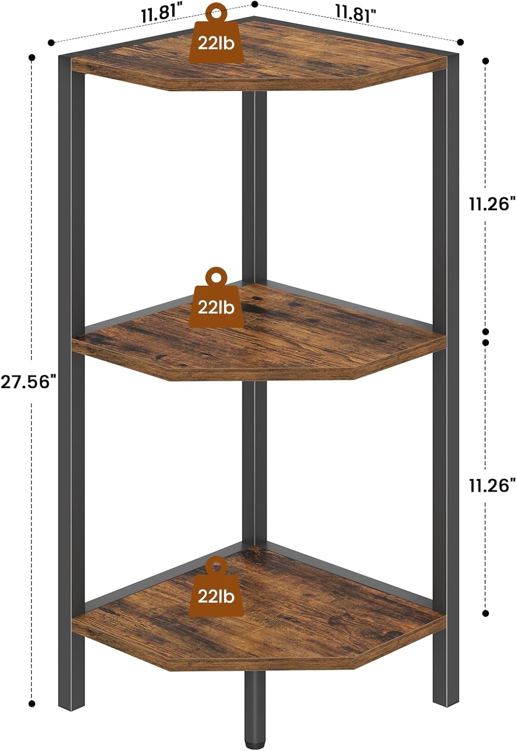 Creso hom Corner Shelf, 3-Tier Industrial Corner Bookshelf with Metal Frame, Multipurpose Corner Display Rack for Living Room Kitchen Bedroom Office Organization and Storage, Rustic Brown