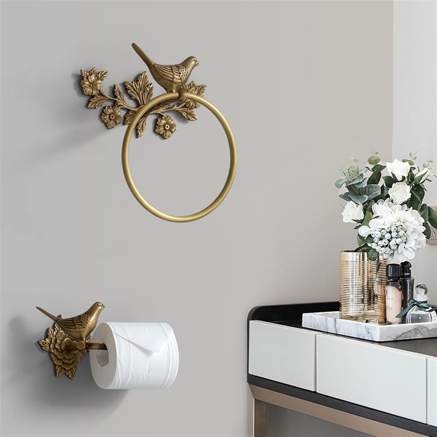 Towel Rings Brass 1-piece Bath Towel Set, Bird Towel Ring, Carved Toilet Paper Holder, Creative Towel Bar, 18 Inch Bathroom Accessories
