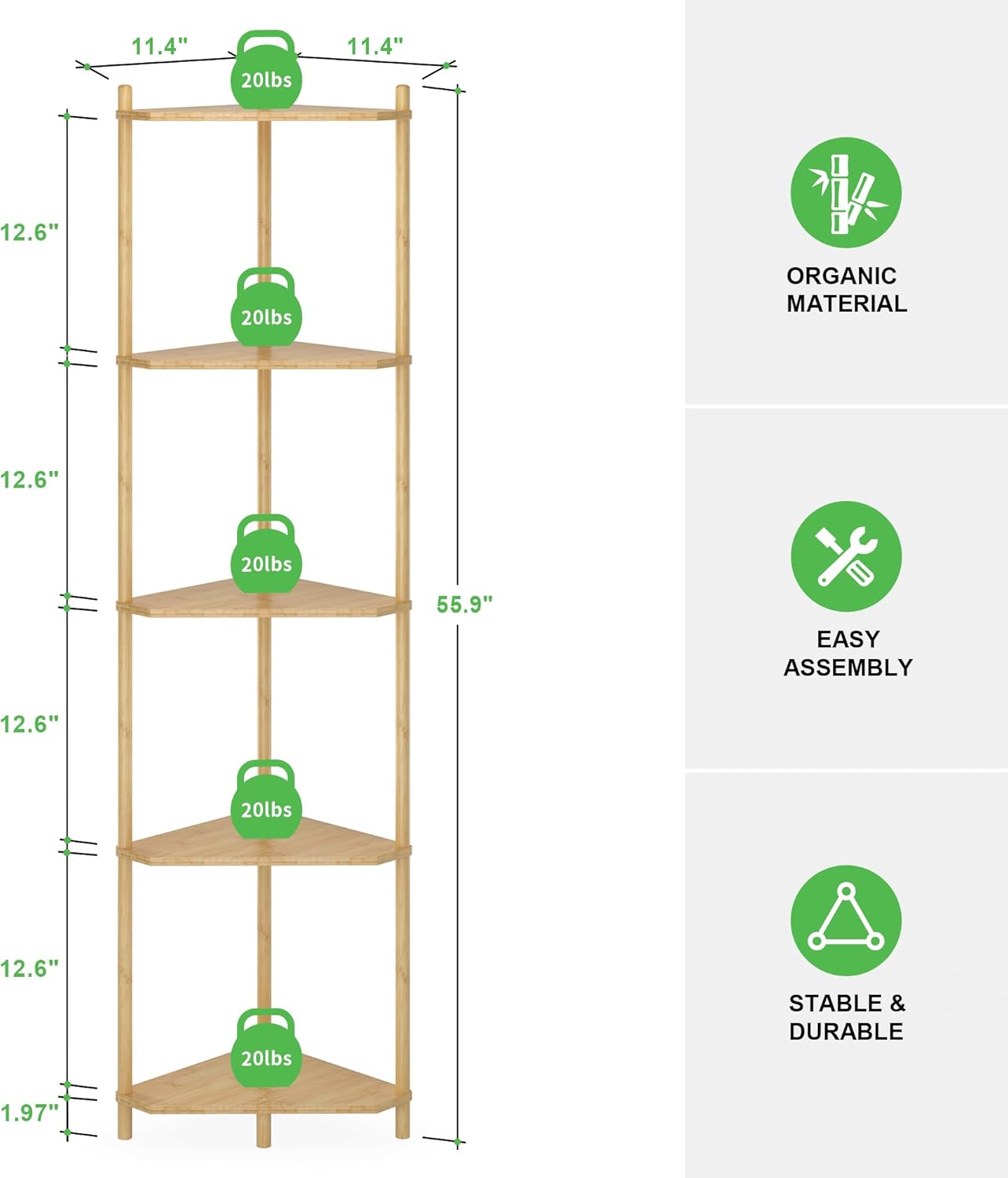 Wisuce Corner Shelf Stand - 5 Tier Natural Bamboo Small Corner Bookshelf for Office Kitchen Bedroom Plant Stand Living Room Decor Small Space
