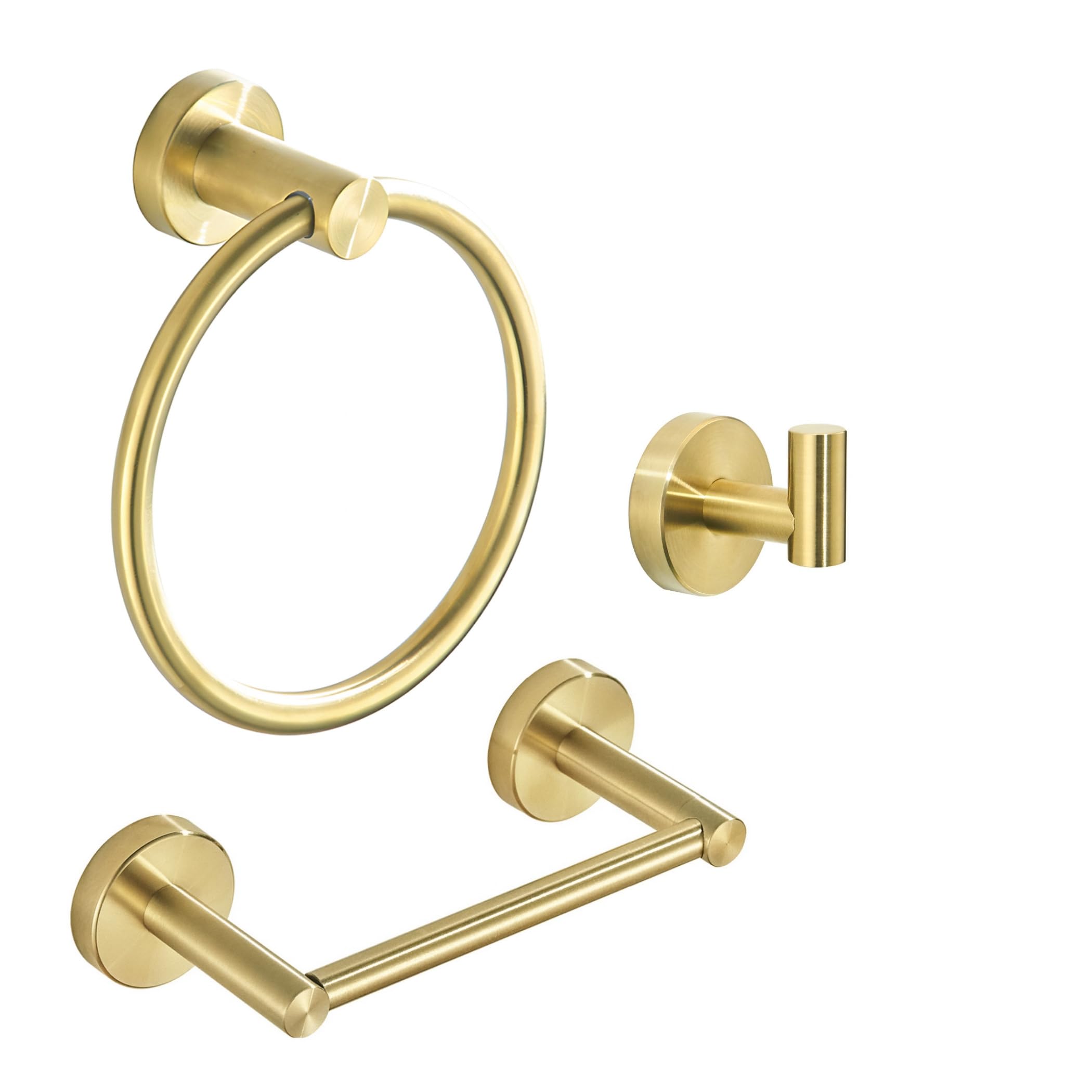 Gold Bathroom Hardware Set, Brushed Gold Toilet Paper Holder Towel Ring Robe Hooks Wall Mount Hand Towel Holder Bath Accessories Stainless Steel, 3 Pieces