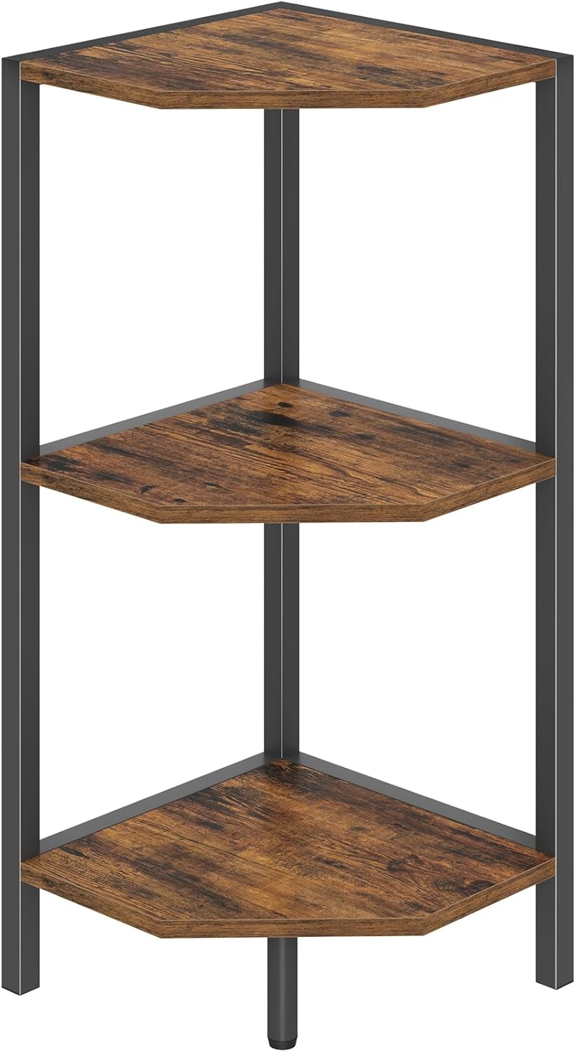 Creso hom Corner Shelf, 3-Tier Industrial Corner Bookshelf with Metal Frame, Multipurpose Corner Display Rack for Living Room Kitchen Bedroom Office Organization and Storage, Rustic Brown