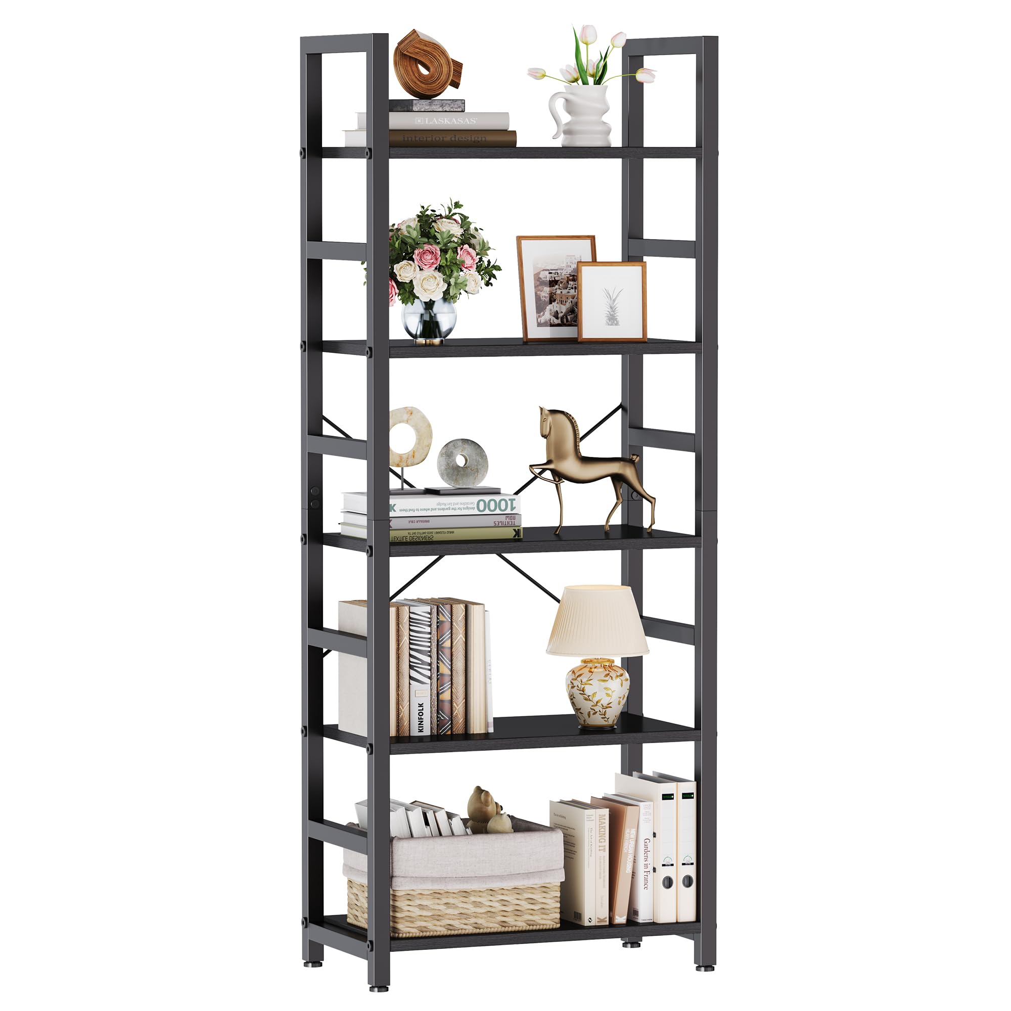 DUMOS 65 inch L Shaped Bookshelf, 5 Tier Corner Bookcase with Hooks and Edge, Industrial Pantry Shelves with Metal Frame, Wooden Open Storage for Living Room, Home Office, Bedroom, Rustic Brown