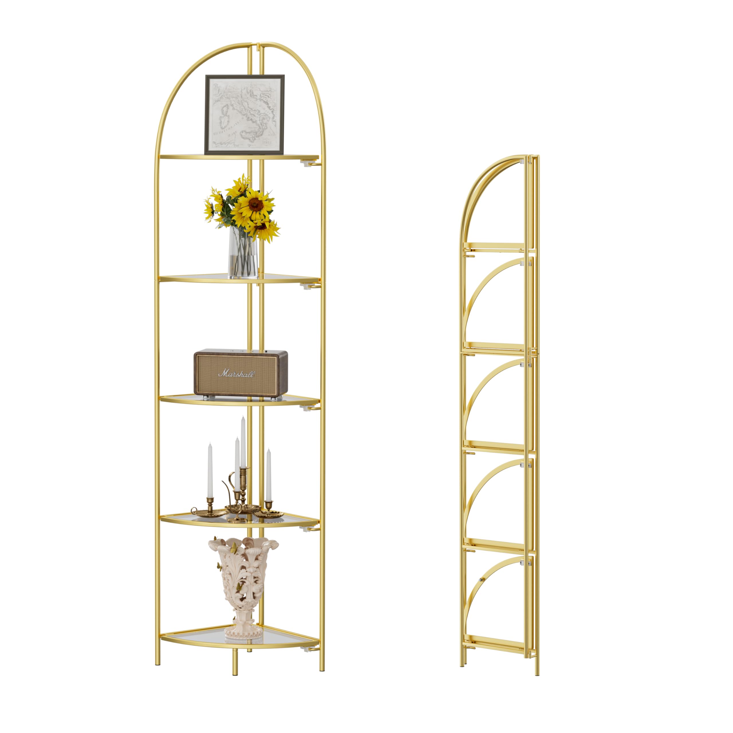 Crofy Foldable 3 Tier Corner Shelf, Metal Corner Plant Stand with White Frame and Transparent Shelves, Corner Display Rack Multipurpose Shelving Unit for Living Room, Bedroom, Bathroom