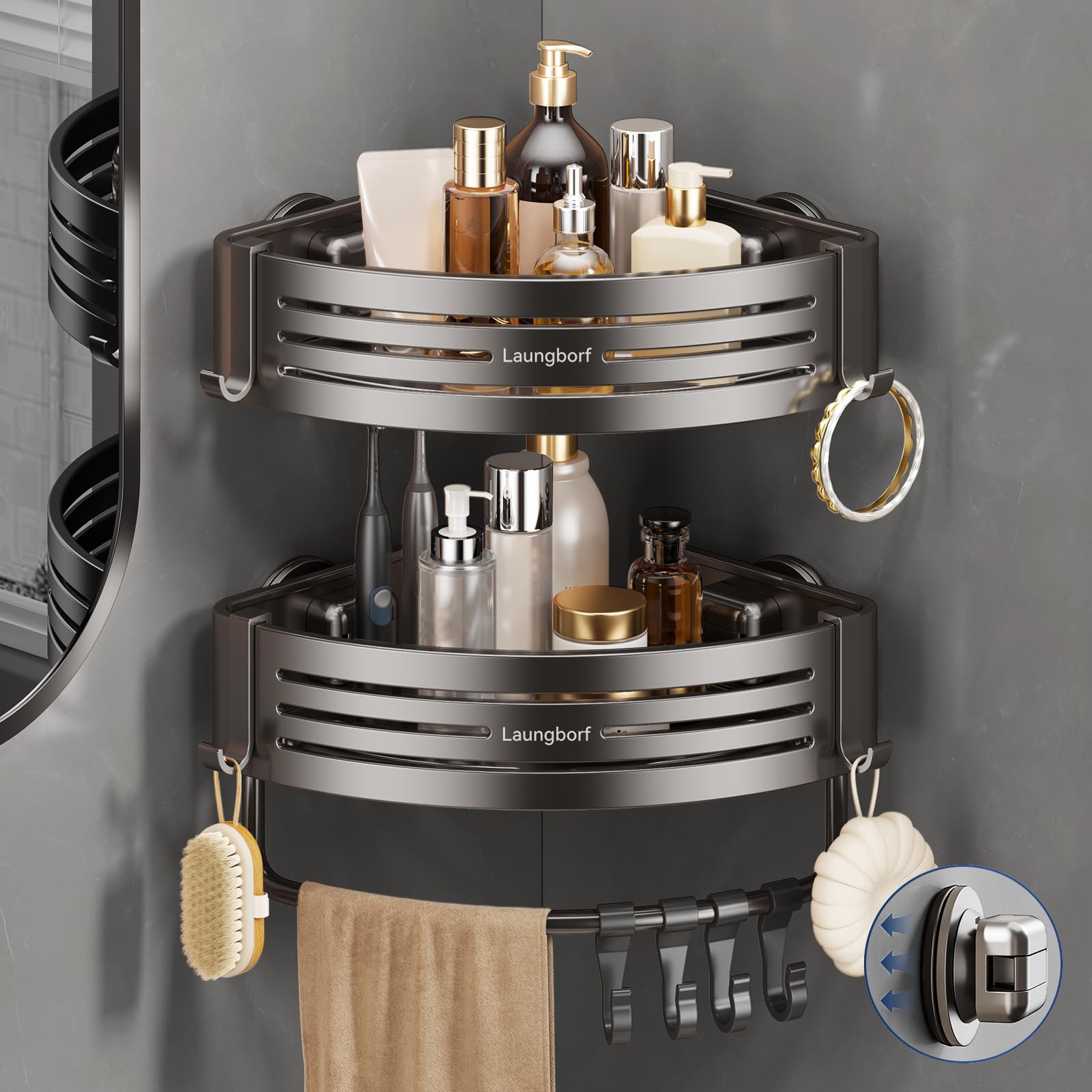 Corner Shower Caddy Suction Cup – Rustproof Aluminum Triangle Shelf with Hooks & Towel Bar, Laungborf No-Drill Wall Storage for Bathroom Kitchen Laundry (Matte Gray, 2 Pack)