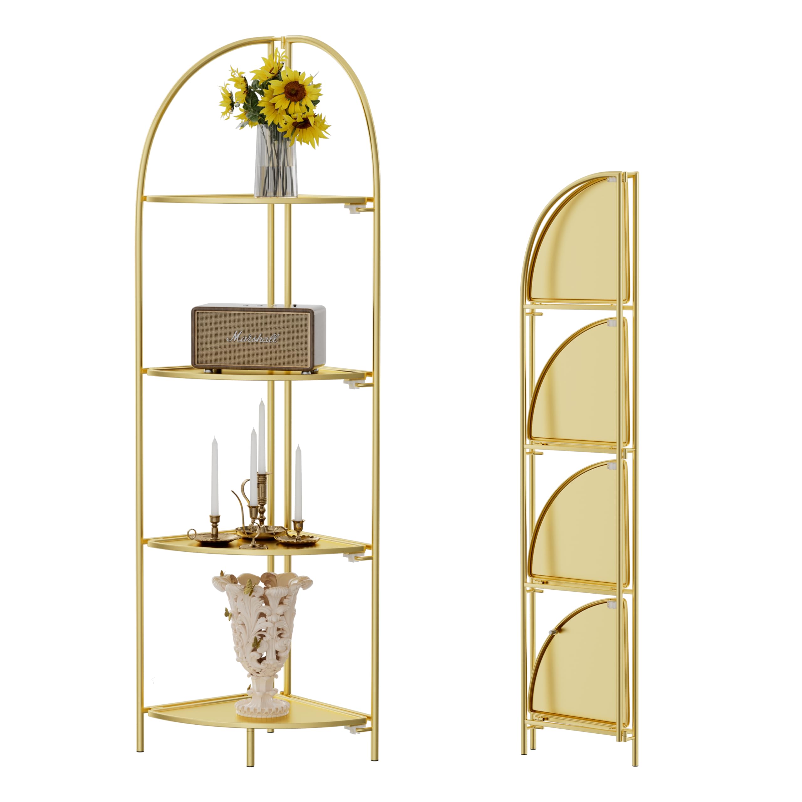Crofy Foldable 3 Tier Corner Shelf, Metal Corner Plant Stand with White Frame and Transparent Shelves, Corner Display Rack Multipurpose Shelving Unit for Living Room, Bedroom, Bathroom