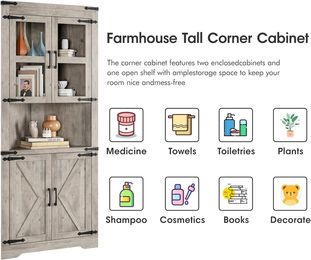 GarveeHome Tall Corner Cabinet, Farmhouse Corner Storage Cabinet with Glass Door & Adjustable Shelves, Space Saving Storage for Living Room, Kitchen, Bathroom, Washed Grey