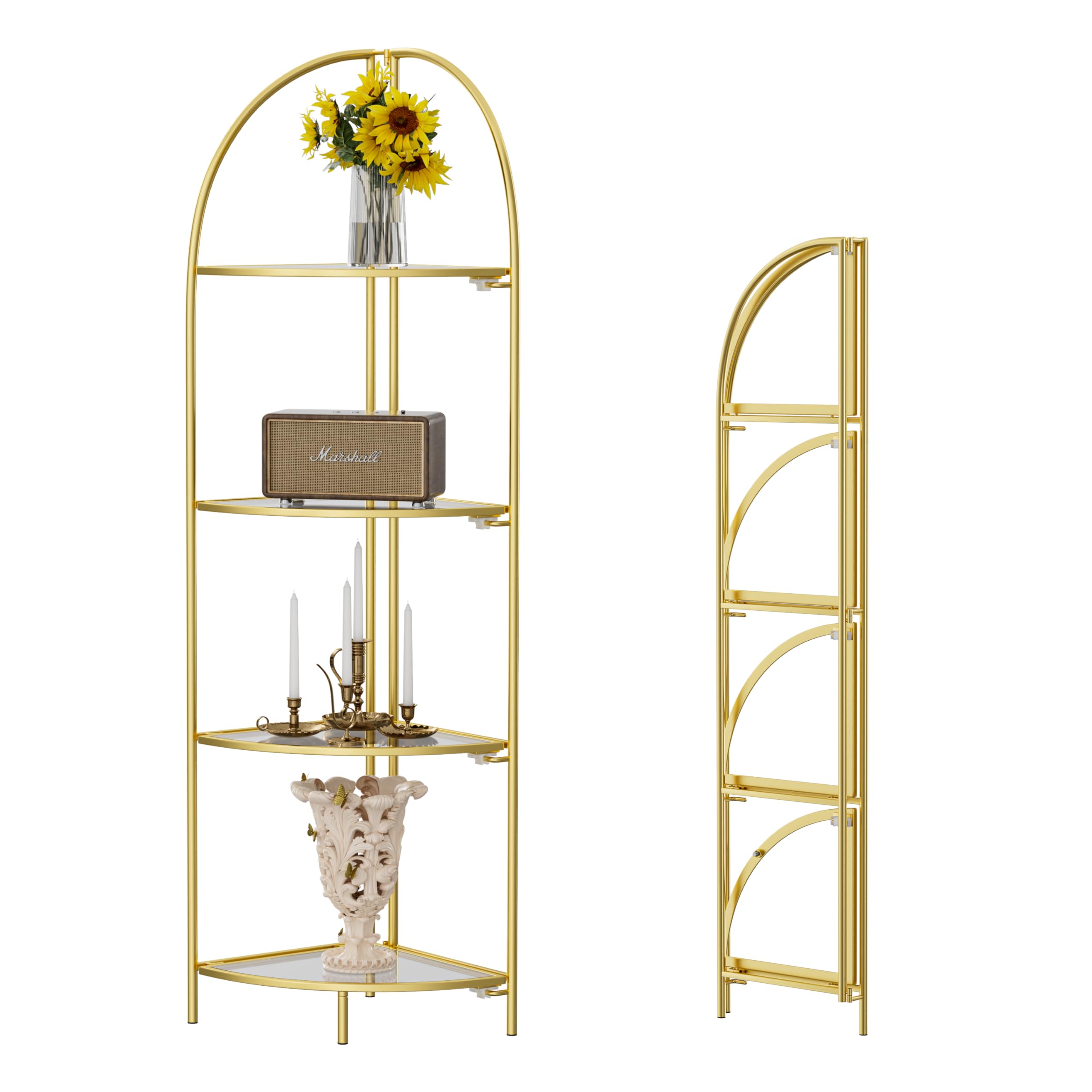 Crofy Foldable 3 Tier Corner Shelf, Metal Corner Plant Stand with White Frame and Transparent Shelves, Corner Display Rack Multipurpose Shelving Unit for Living Room, Bedroom, Bathroom