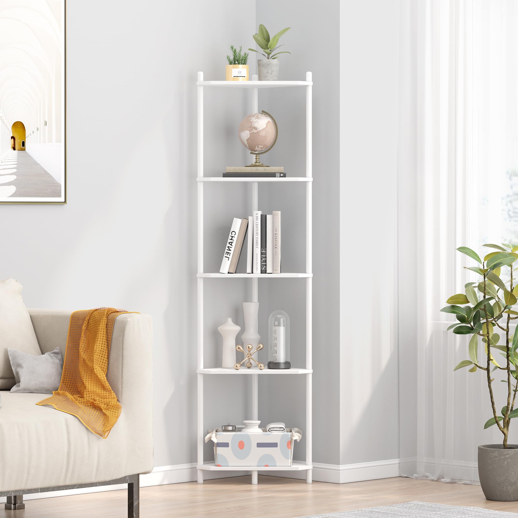 Wisuce Corner Shelf Stand - 5 Tier Natural Bamboo Small Corner Bookshelf for Office Kitchen Bedroom Plant Stand Living Room Decor Small Space