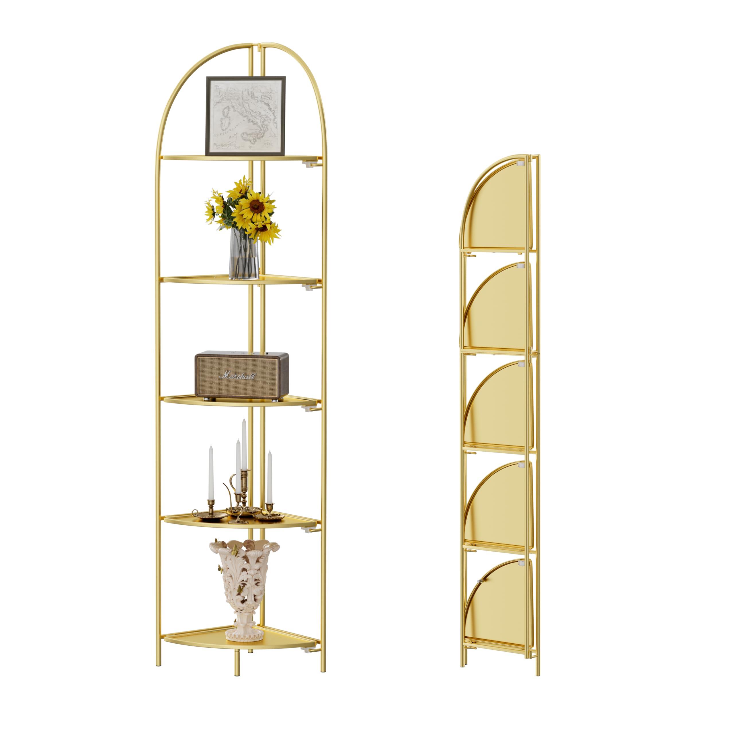 Crofy Foldable 3 Tier Corner Shelf, Metal Corner Plant Stand with White Frame and Transparent Shelves, Corner Display Rack Multipurpose Shelving Unit for Living Room, Bedroom, Bathroom
