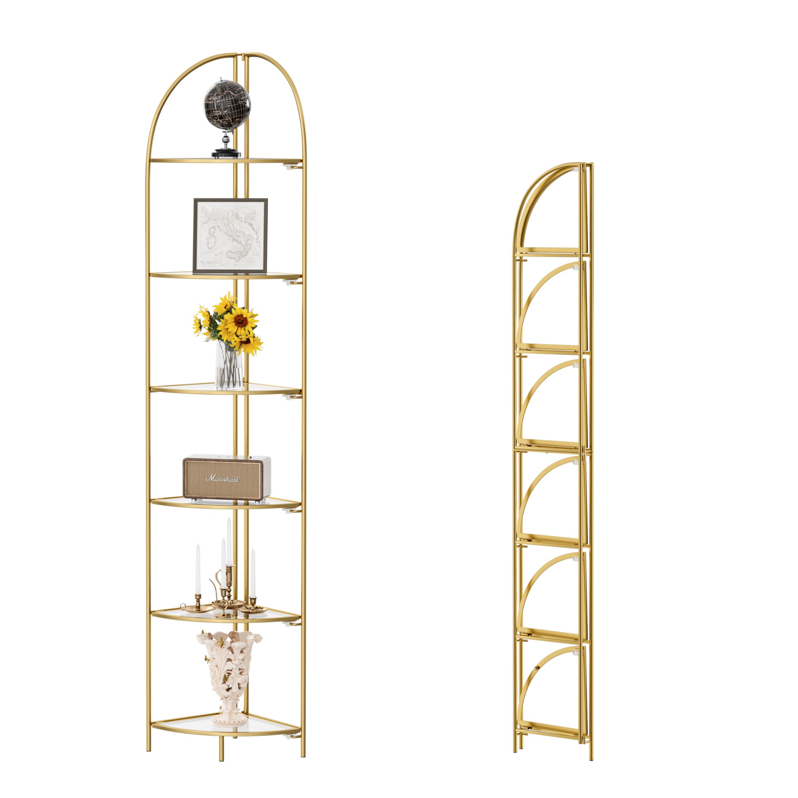 Crofy Foldable 3 Tier Corner Shelf, Metal Corner Plant Stand with White Frame and Transparent Shelves, Corner Display Rack Multipurpose Shelving Unit for Living Room, Bedroom, Bathroom