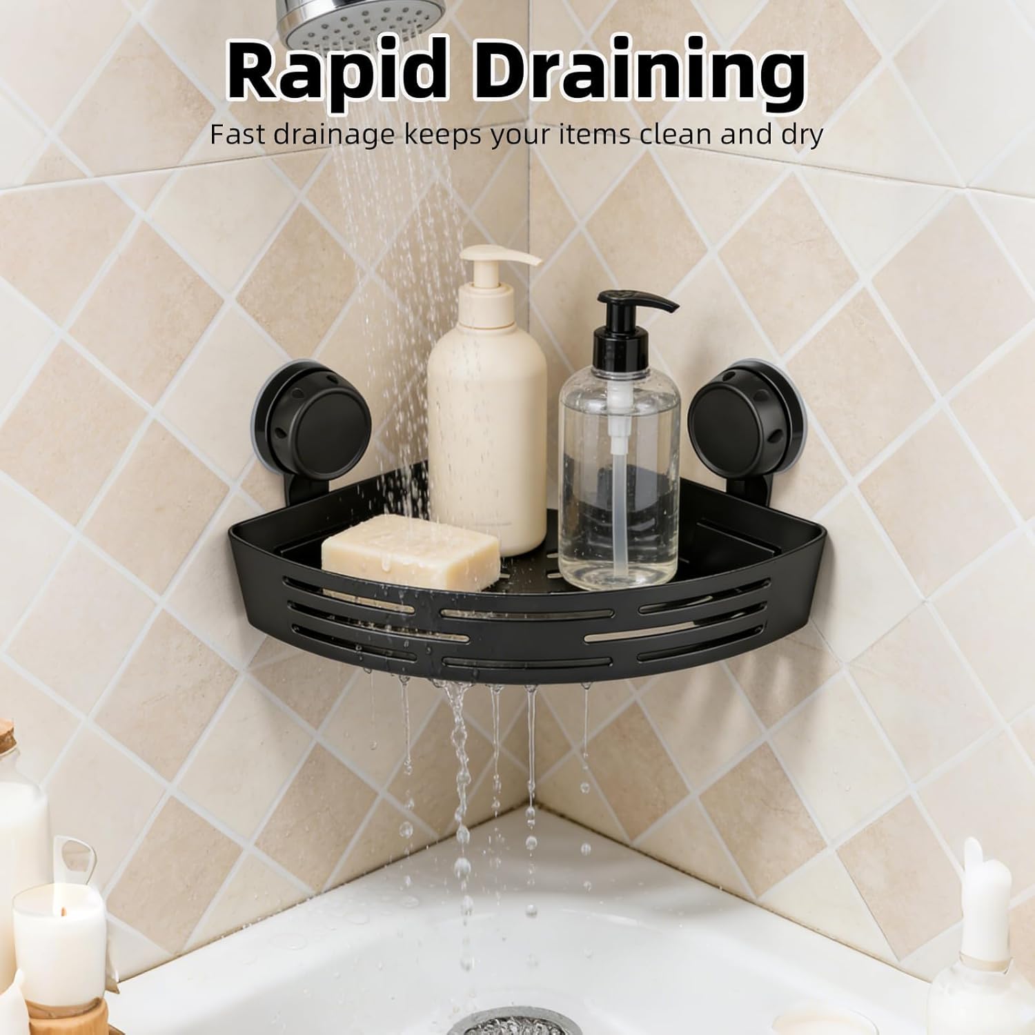 Triangle Shower Caddy Suction Cup, No Drill Bathroom Corner Shelf, Shower Corner Storage Organizer for Towels & Bathroom Essentials