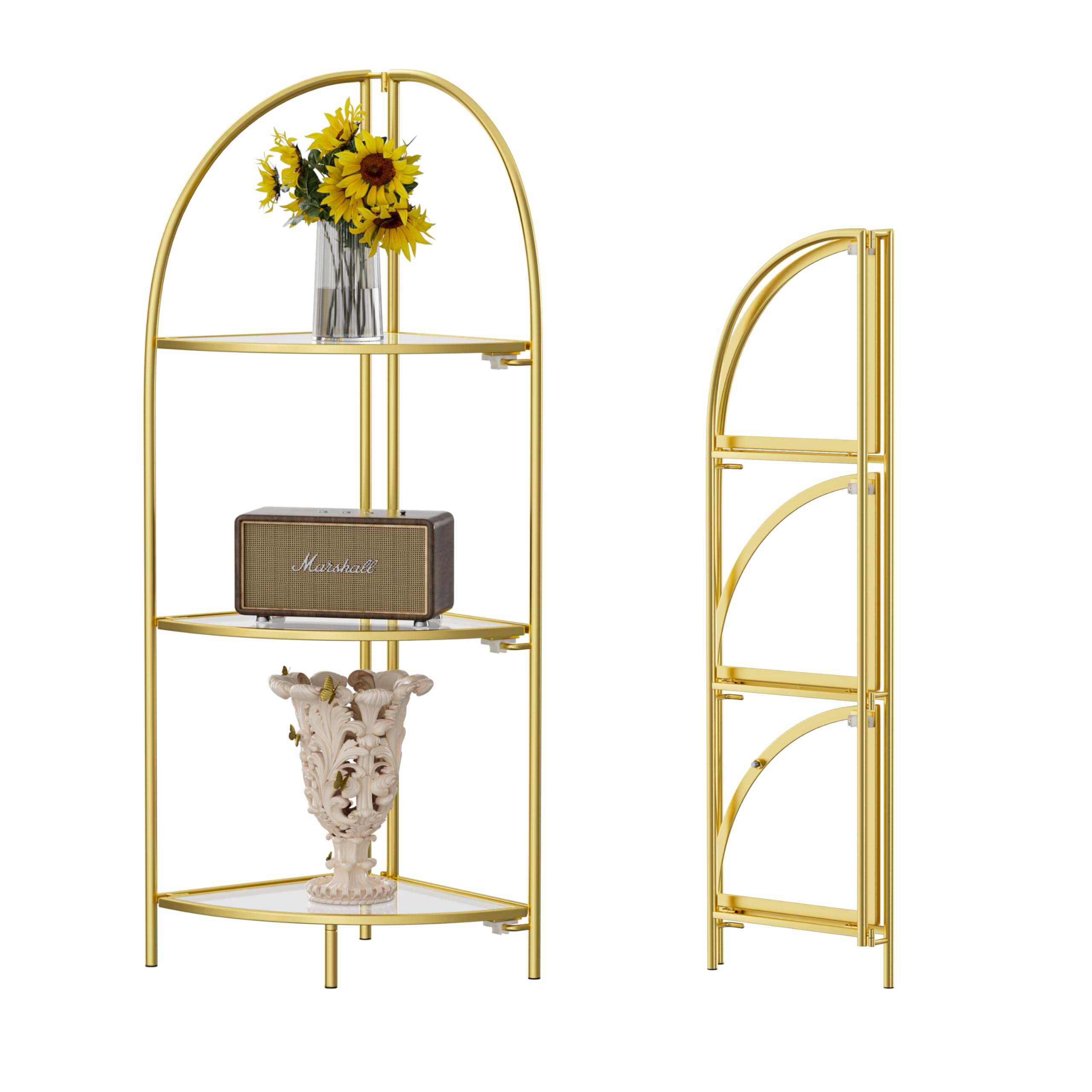 Crofy Foldable 3 Tier Corner Shelf, Metal Corner Plant Stand with White Frame and Transparent Shelves, Corner Display Rack Multipurpose Shelving Unit for Living Room, Bedroom, Bathroom
