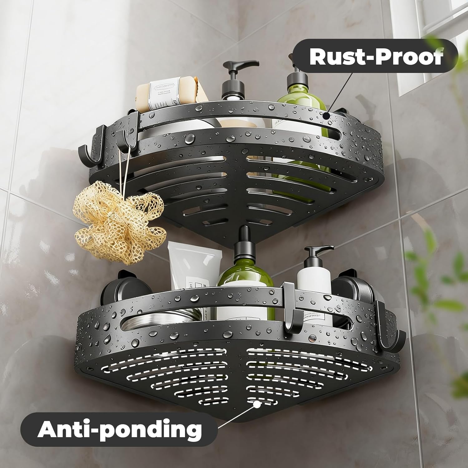 Shower Caddy Corner,Suction Cup Shower Caddy with Hooks,No Drilling Rustproof Aluminum Bathroom Organizers and Storage,Shelves for Bathroom Accessories Decor (3)