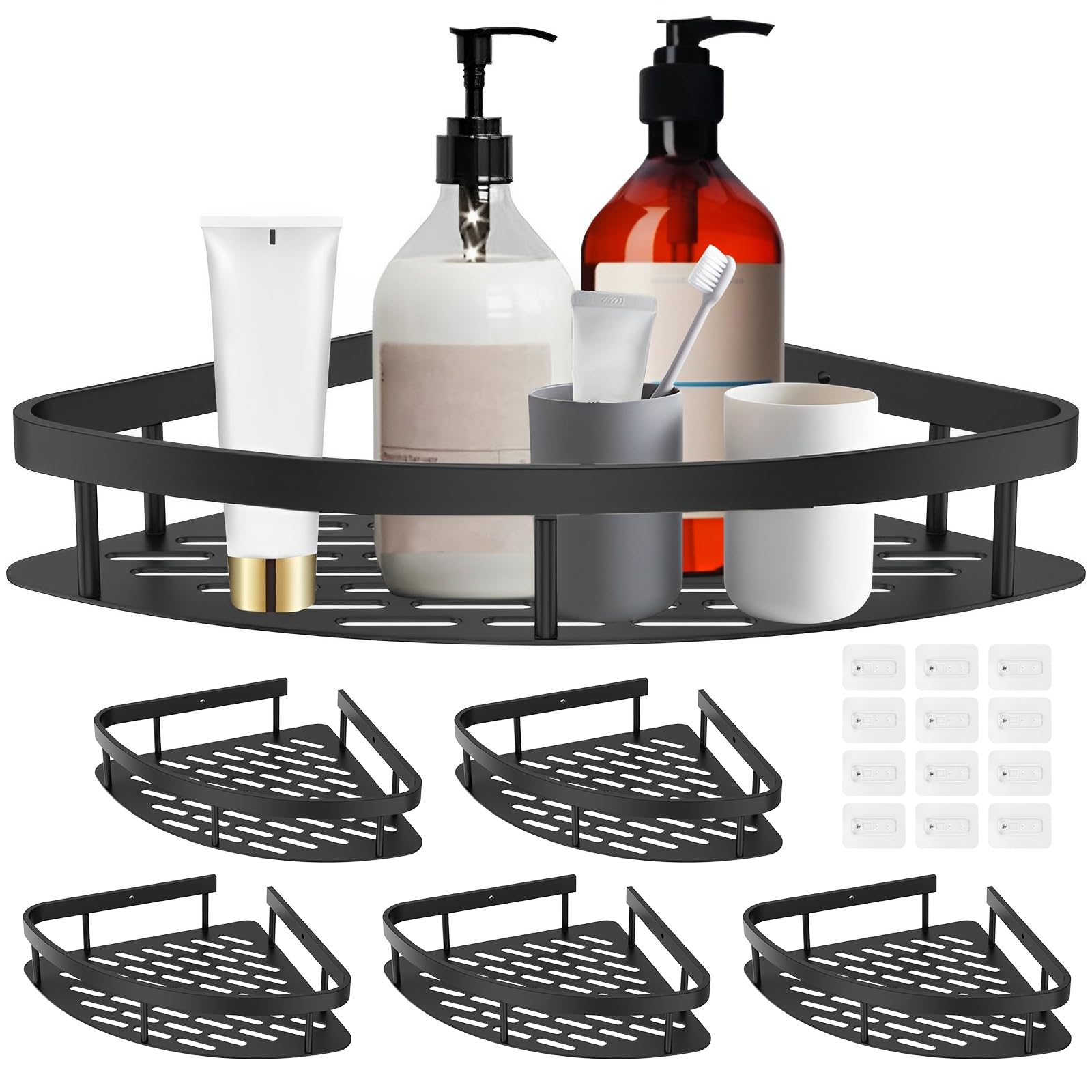 6 Pack Adhesive Corner Shower Caddy 40LB Corner Shelf Set Rustproof Aluminum No Drilling Wall Mounted Shampoo Holder Organizer Storage Rack Bathroom Shower Shelves for Inside Shower