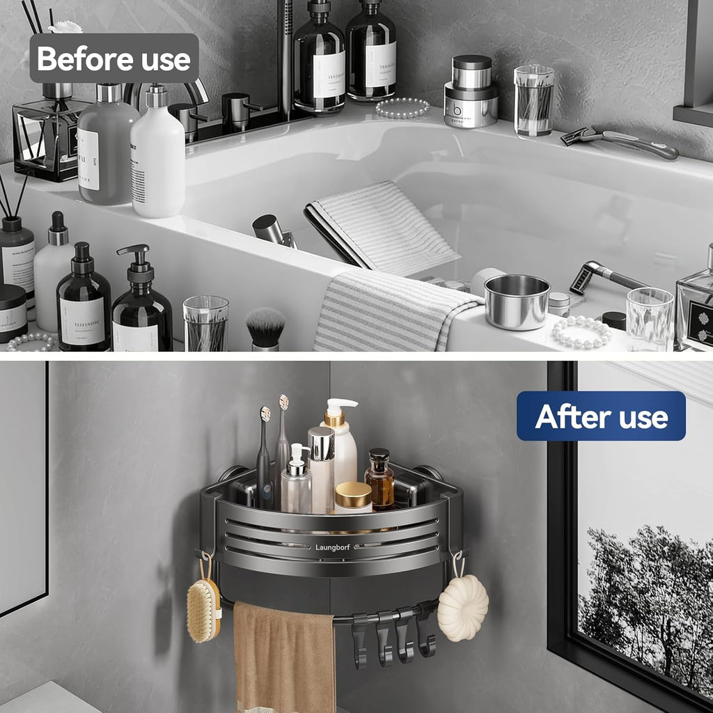 Corner Shower Caddy Suction Cup – Rustproof Aluminum Triangle Shelf with Hooks & Towel Bar, Laungborf No-Drill Wall Storage for Bathroom Kitchen Laundry (Matte Gray, 2 Pack)