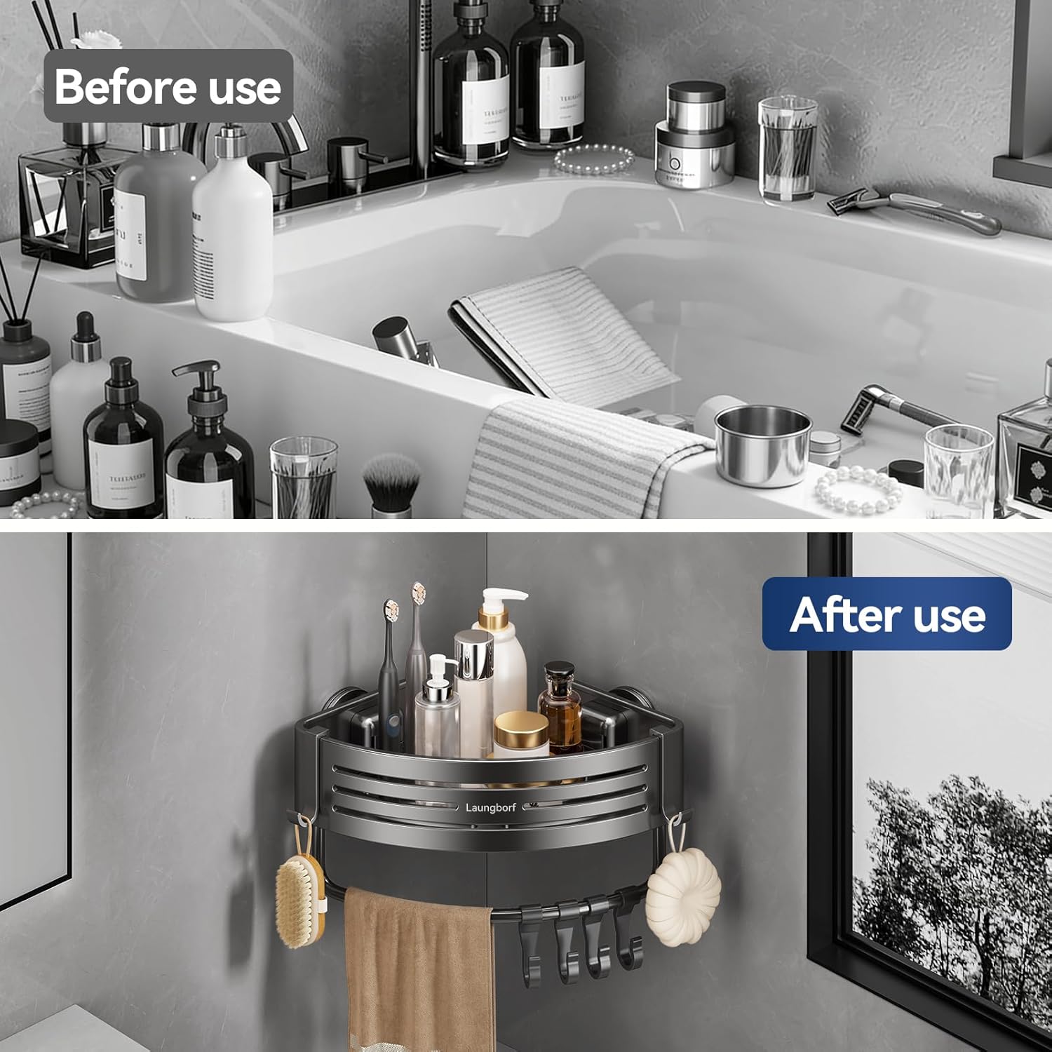 Corner Shower Caddy Suction Cup – Rustproof Aluminum Triangle Shelf with Hooks & Towel Bar, Laungborf No-Drill Wall Storage for Bathroom Kitchen Laundry (Matte Gray, 2 Pack)
