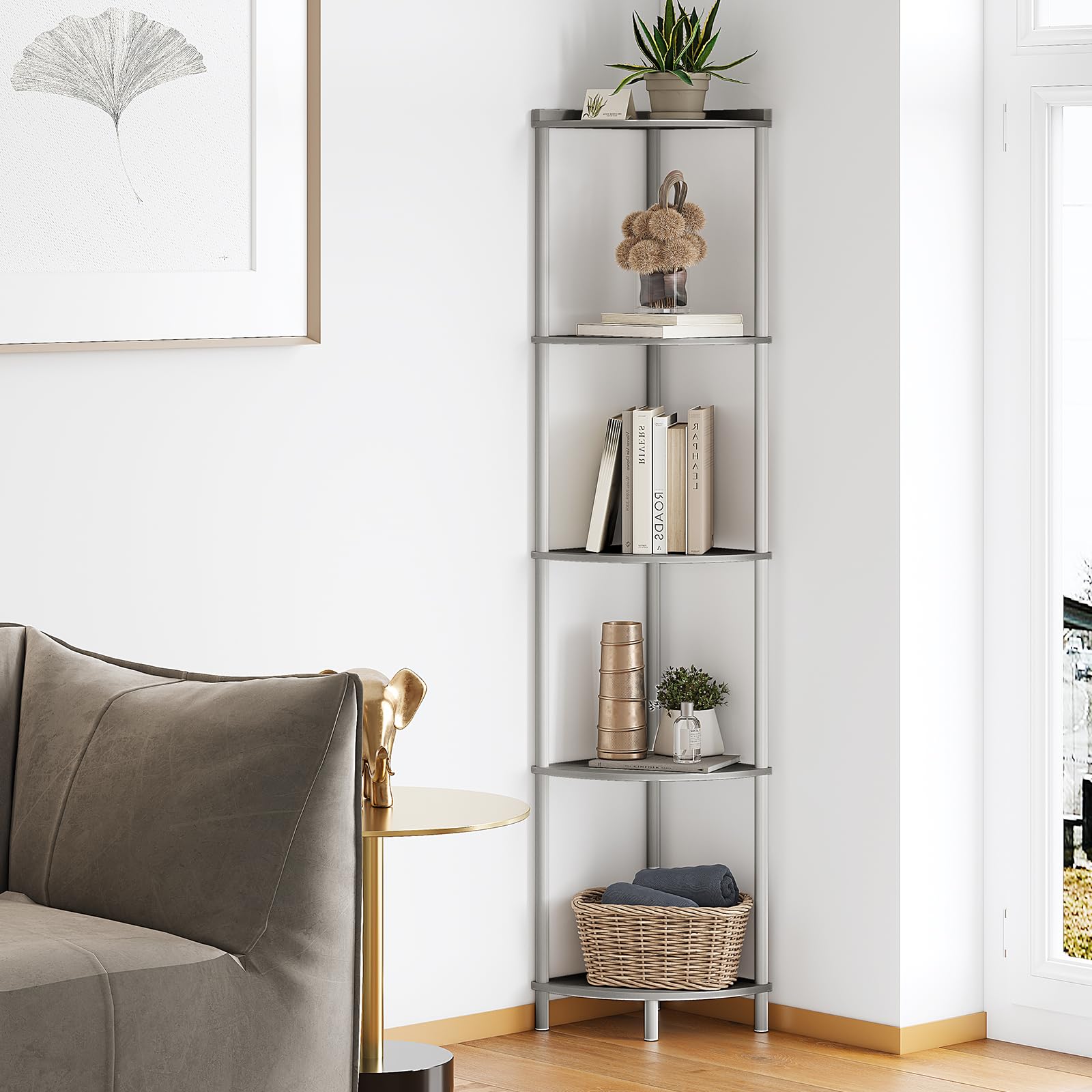 SUNMORY 5 Tier Corner Shelf Stand,Industrial 65" Corner Shelves Display Shelf for Living Room Decor,Wall Corner Bookshelf Multi Unit Organizer,Tall Shelf Plant Stand for Bedroom,Bathroom,Small Space