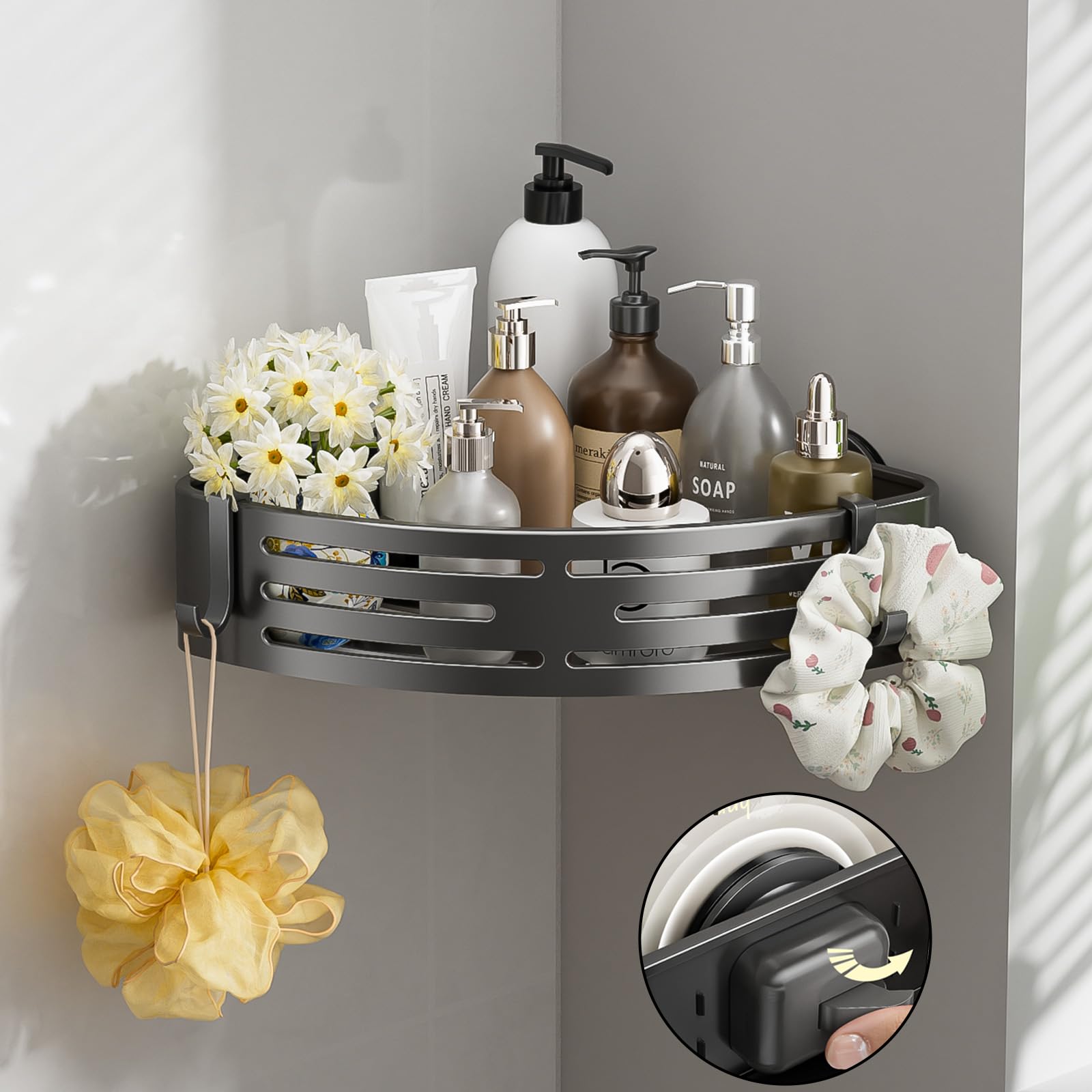 Corner Shower Caddy Suction Cup,Shower Shelves with Hooks,No Drilling Powerful Suction Bathroom Organizers and Storage,Removable Waterproof Rustproof Shower Bathroom Accessories Decor(Grey 3Pack)