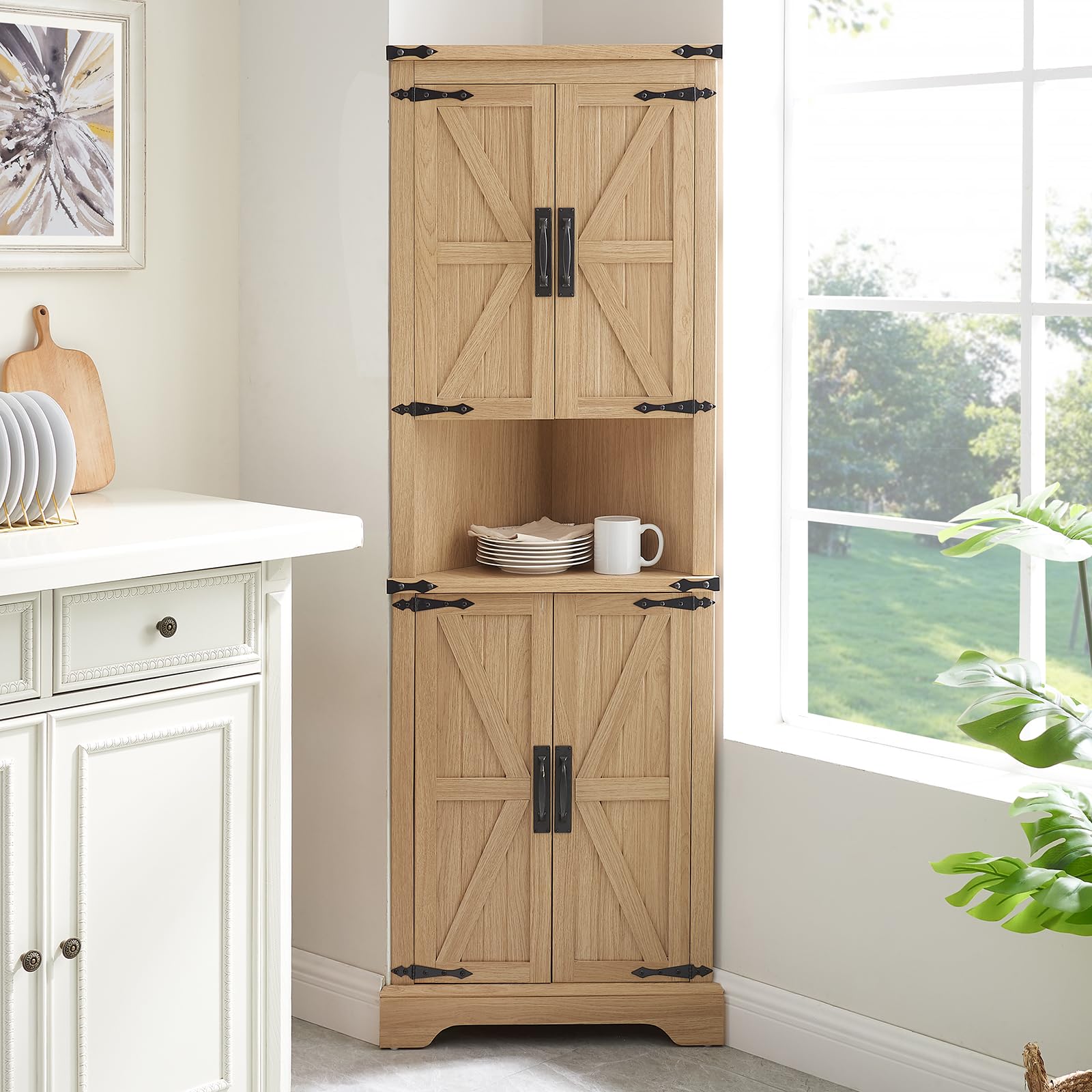 Minifeel Tall Farmhouse Corner Cabinet with 4 Doors and Adjustable Shelves, Farmhouse Storage Cabinet with Barn Door Design, Home Space Saver for Living Room, Kitchen, Laundry Room (Antique White)