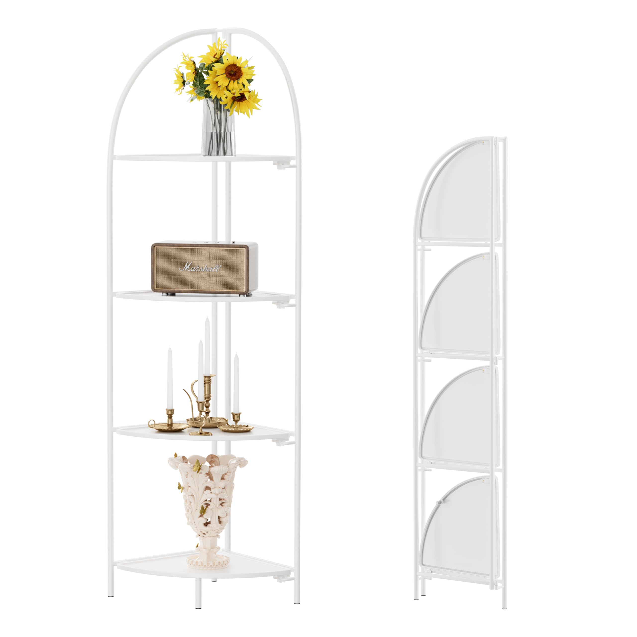 Crofy Foldable 3 Tier Corner Shelf, Metal Corner Plant Stand with White Frame and Transparent Shelves, Corner Display Rack Multipurpose Shelving Unit for Living Room, Bedroom, Bathroom