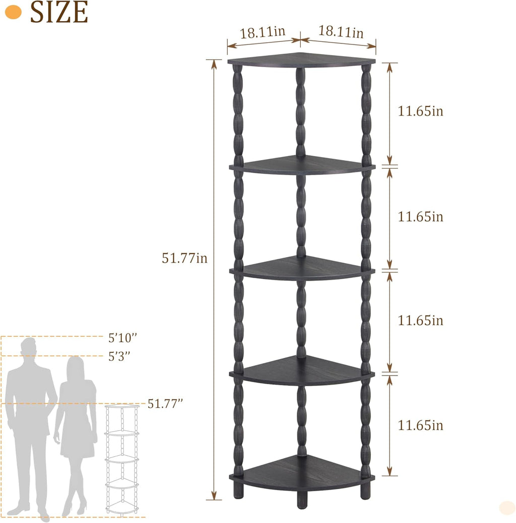 MaxSmeo Corner Shelf, 5-Tier Corner Bookshelf, Stylish Corner Storage Display Shelves for Bedroom, Bathroom, Kitchen, Living Room (Charcoal Gray)