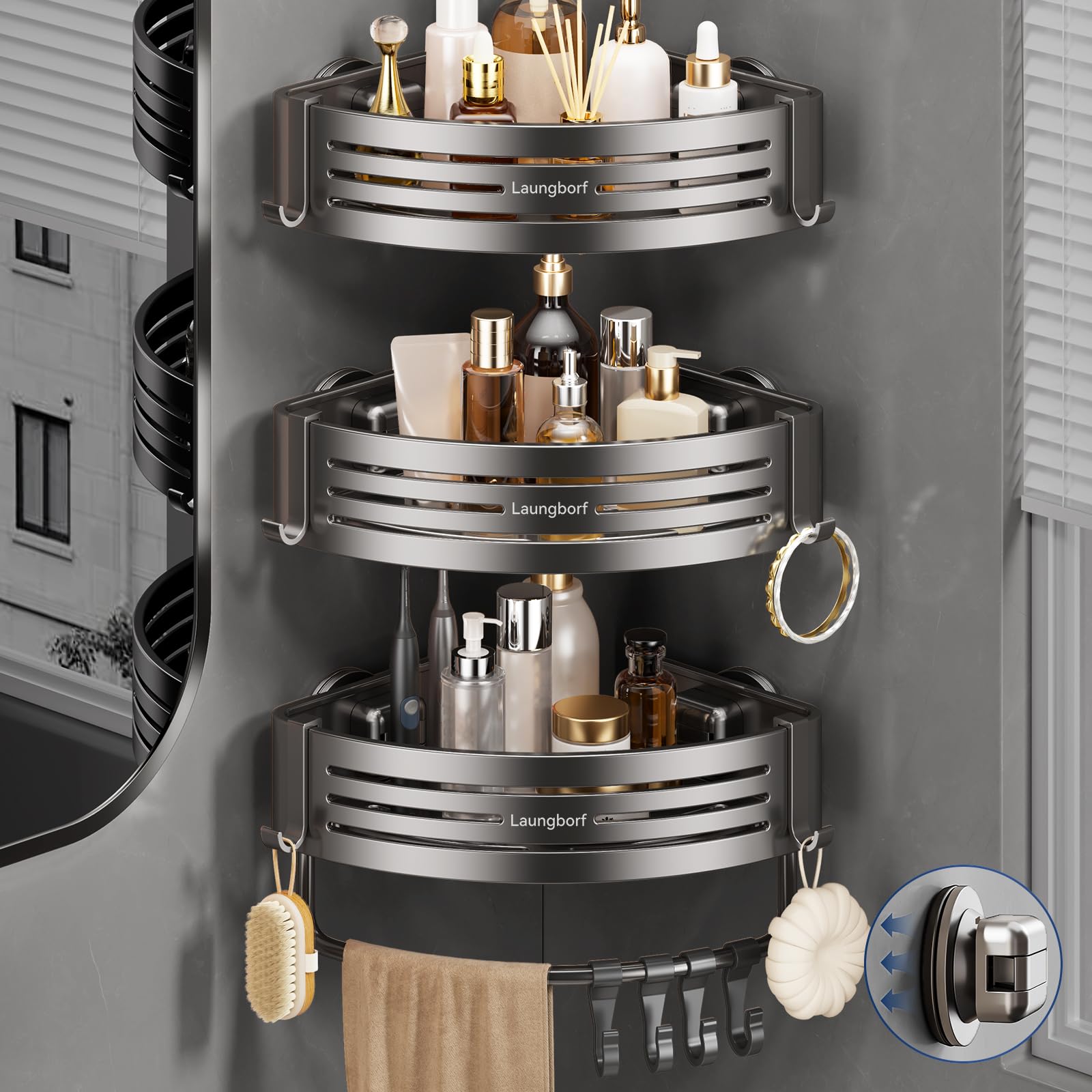 Corner Shower Caddy Suction Cup – Rustproof Aluminum Triangle Shelf with Hooks & Towel Bar, Laungborf No-Drill Wall Storage for Bathroom Kitchen Laundry (Matte Gray, 2 Pack)