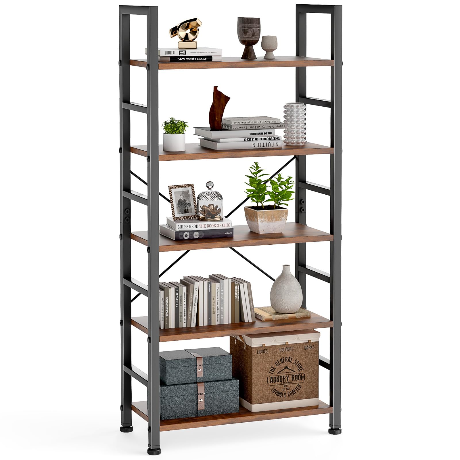 DUMOS 65 inch L Shaped Bookshelf, 5 Tier Corner Bookcase with Hooks and Edge, Industrial Pantry Shelves with Metal Frame, Wooden Open Storage for Living Room, Home Office, Bedroom, Rustic Brown